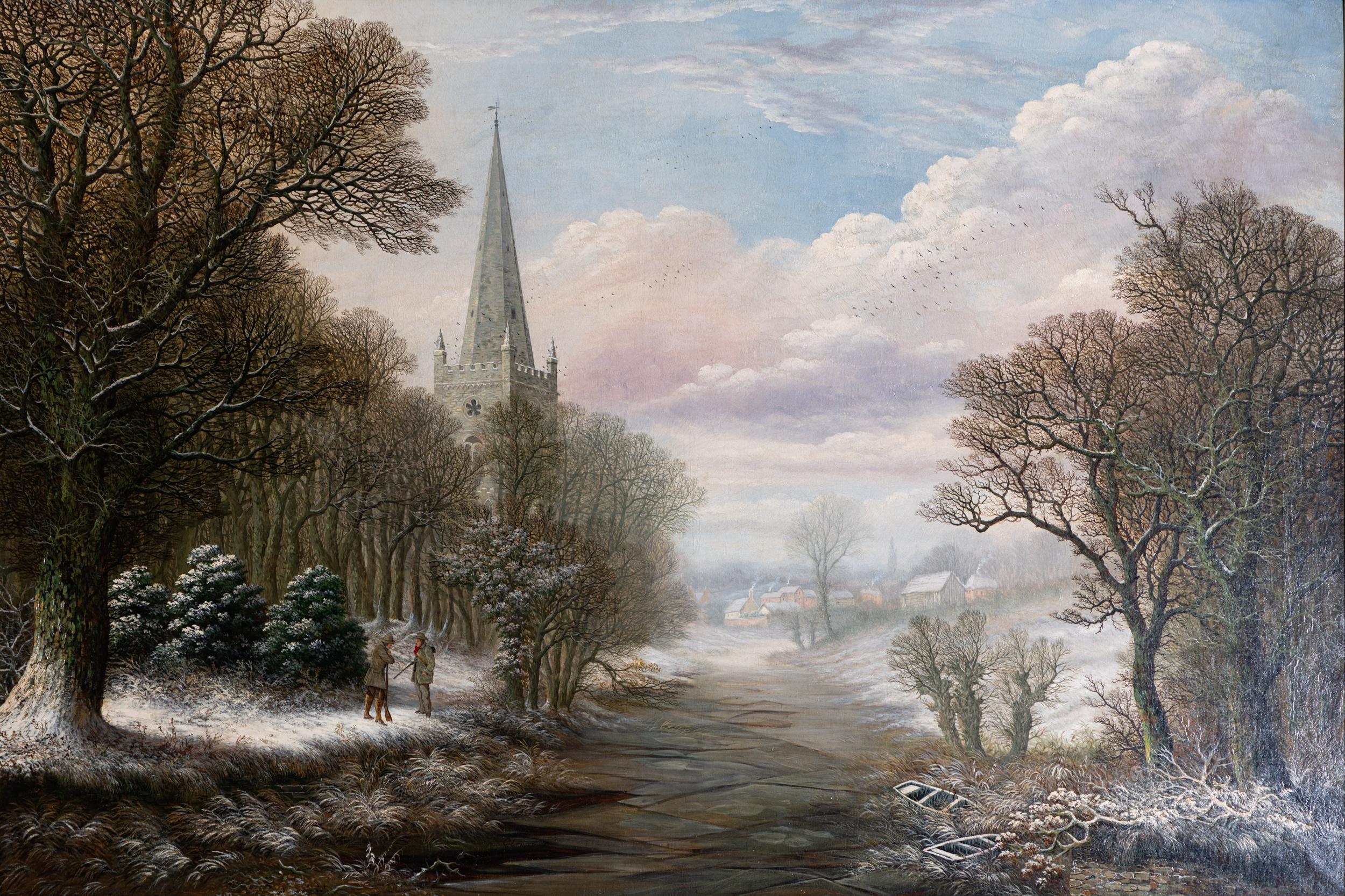 Victorien Huile sur toile anglaise du 19ème siècle représentant une scène d'hiver dans un cadre doré élaboré en vente
