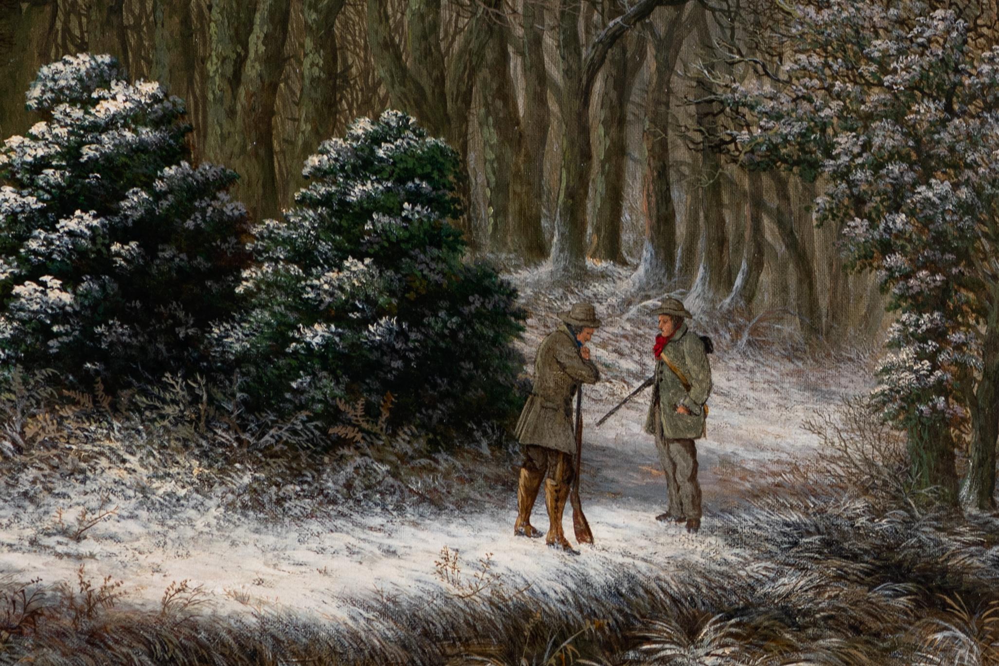 Anglais Huile sur toile anglaise du 19ème siècle représentant une scène d'hiver dans un cadre doré élaboré en vente