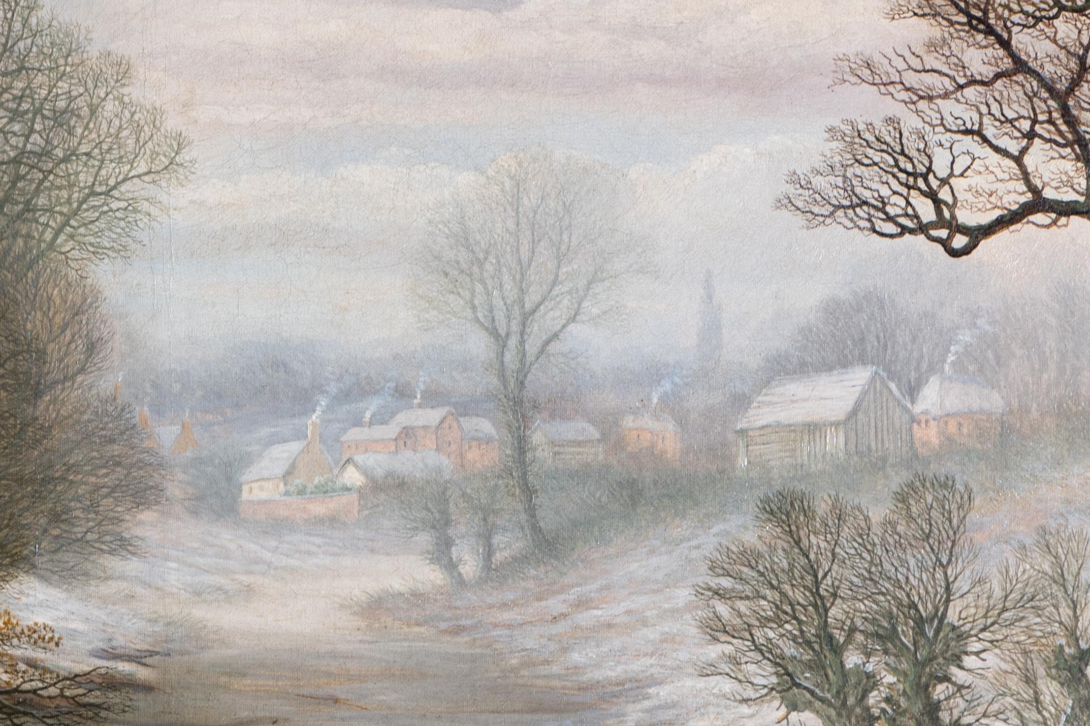 Peint à la main Huile sur toile anglaise du 19ème siècle représentant une scène d'hiver dans un cadre doré élaboré en vente