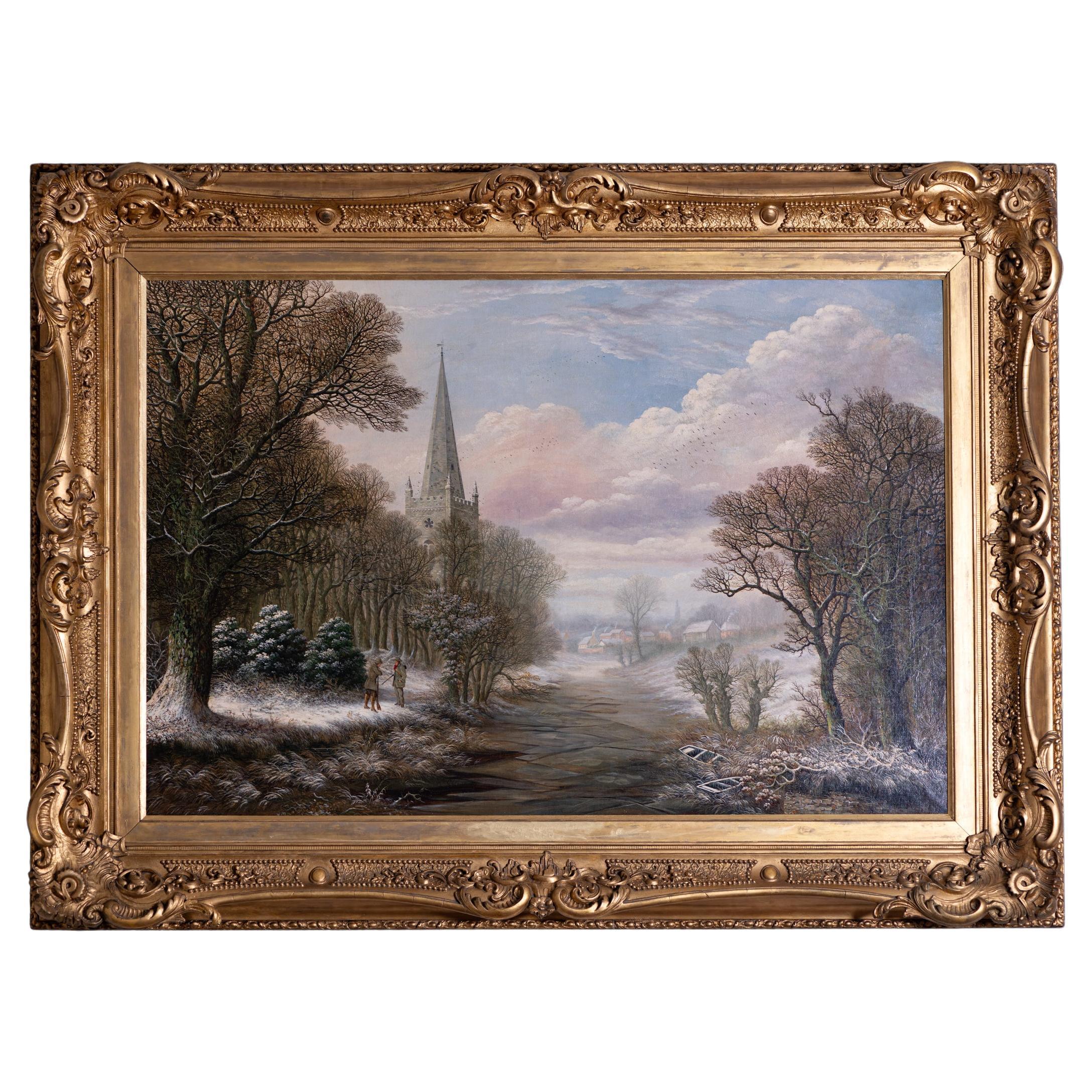 19th Century English Oil On Canvas Of A Winter Scene In An Elaborate Gilt Frame