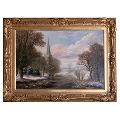 19th Century English Oil On Canvas Of A Winter Scene In An Elaborate Gilt Frame