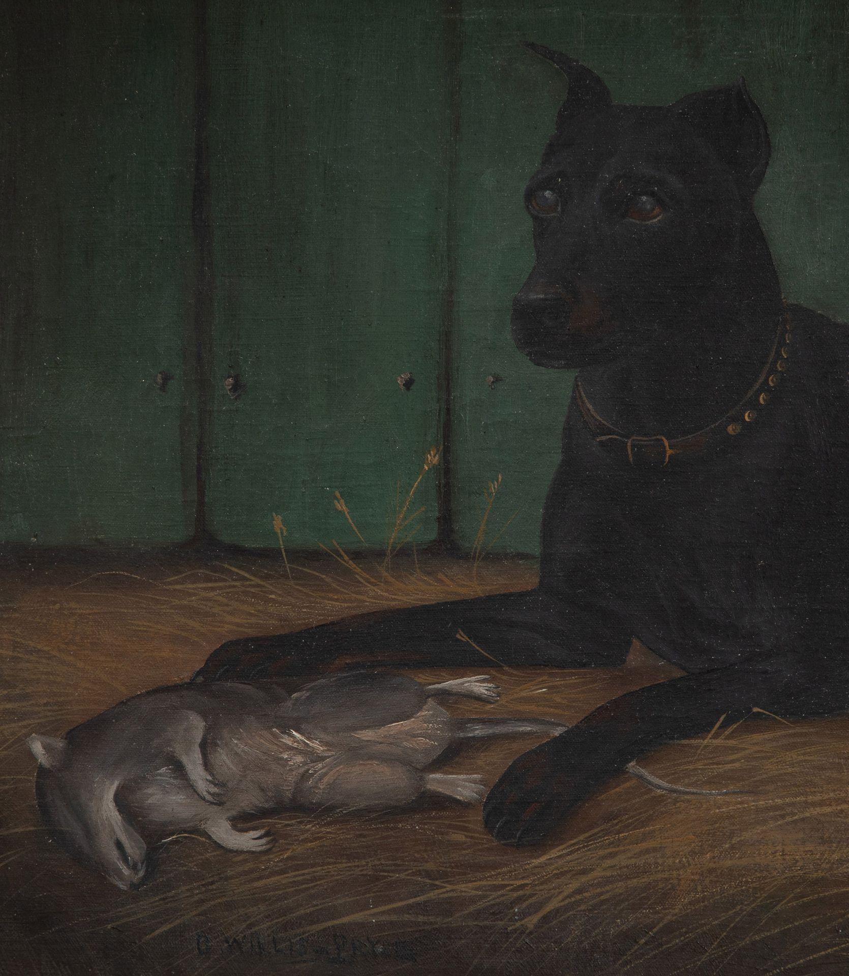 A charming late 19th Century English oil on canvas naively portraying a hound proudly resting next to her quarry, with stable wall and door behind. 
Mounted in an ornate carved gesso frame. Signed George Willis-Price.
In good condition with no