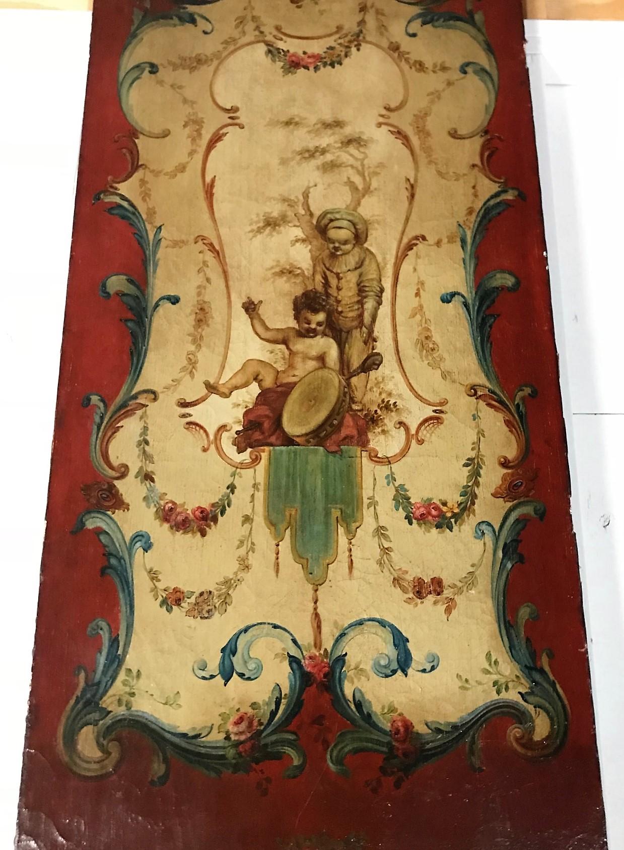 Finely detailed and original 19th century English oil on leather painted panels executed in a classical oriental motif and depicting landscapes with children and musical instruments. Each scene is painted within a stylized leaf border with floral