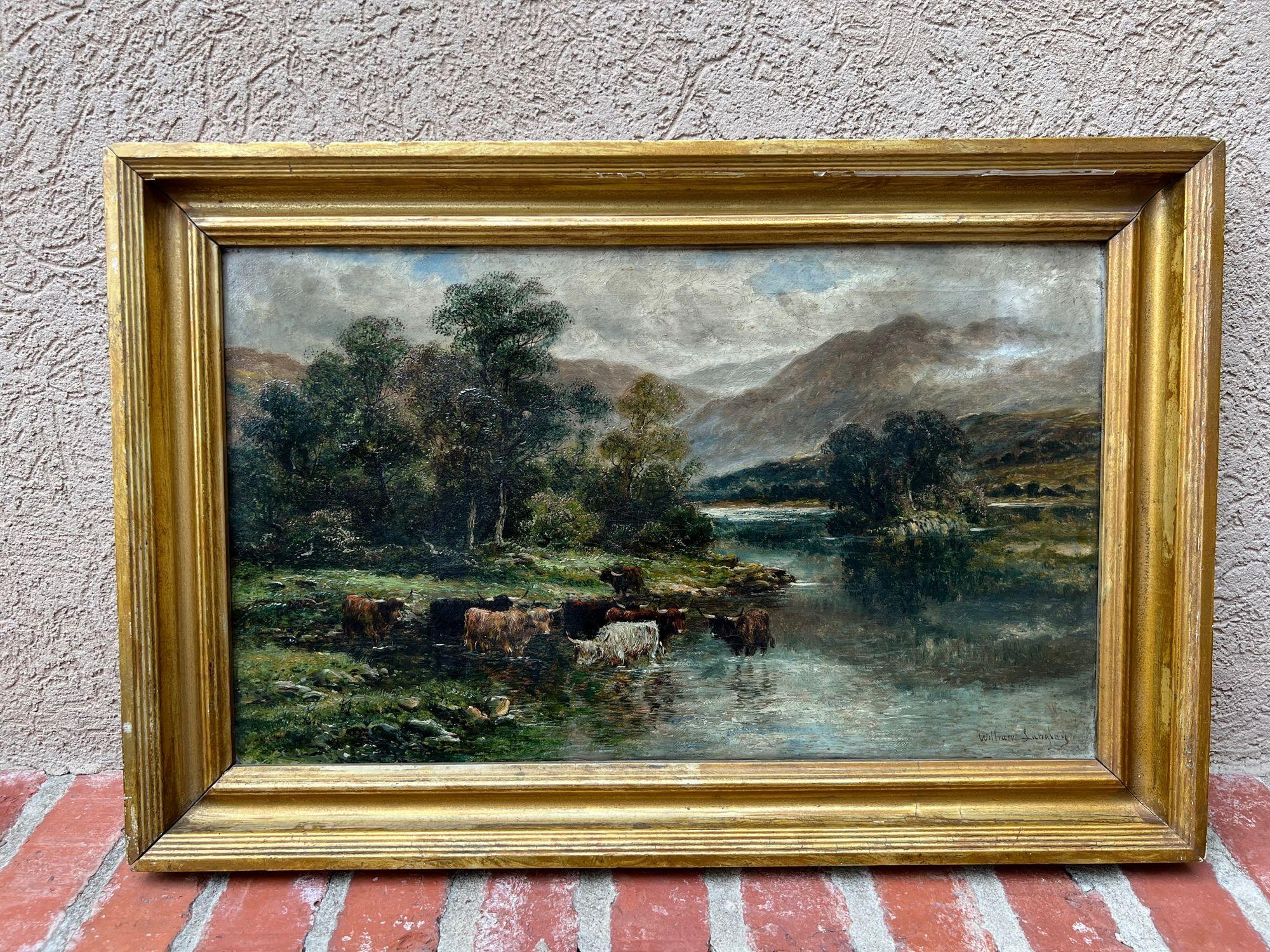 Peinture à l'huile anglaise du 19ème siècle représentant un lac de bovins des Highlands sur toile Wm Langley 6