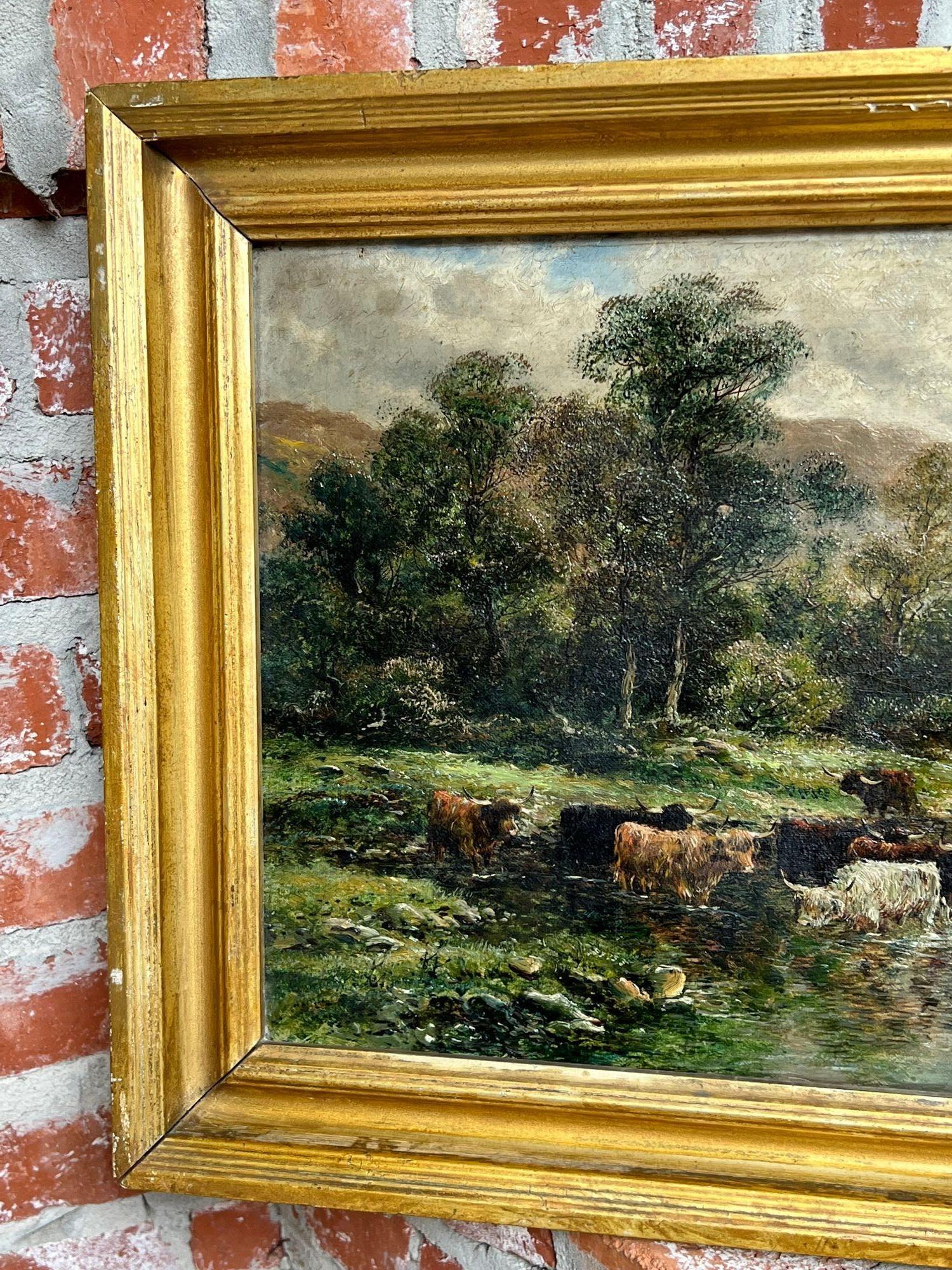 Peinture à l'huile anglaise du 19ème siècle représentant un lac de bovins des Highlands sur toile Wm Langley 7