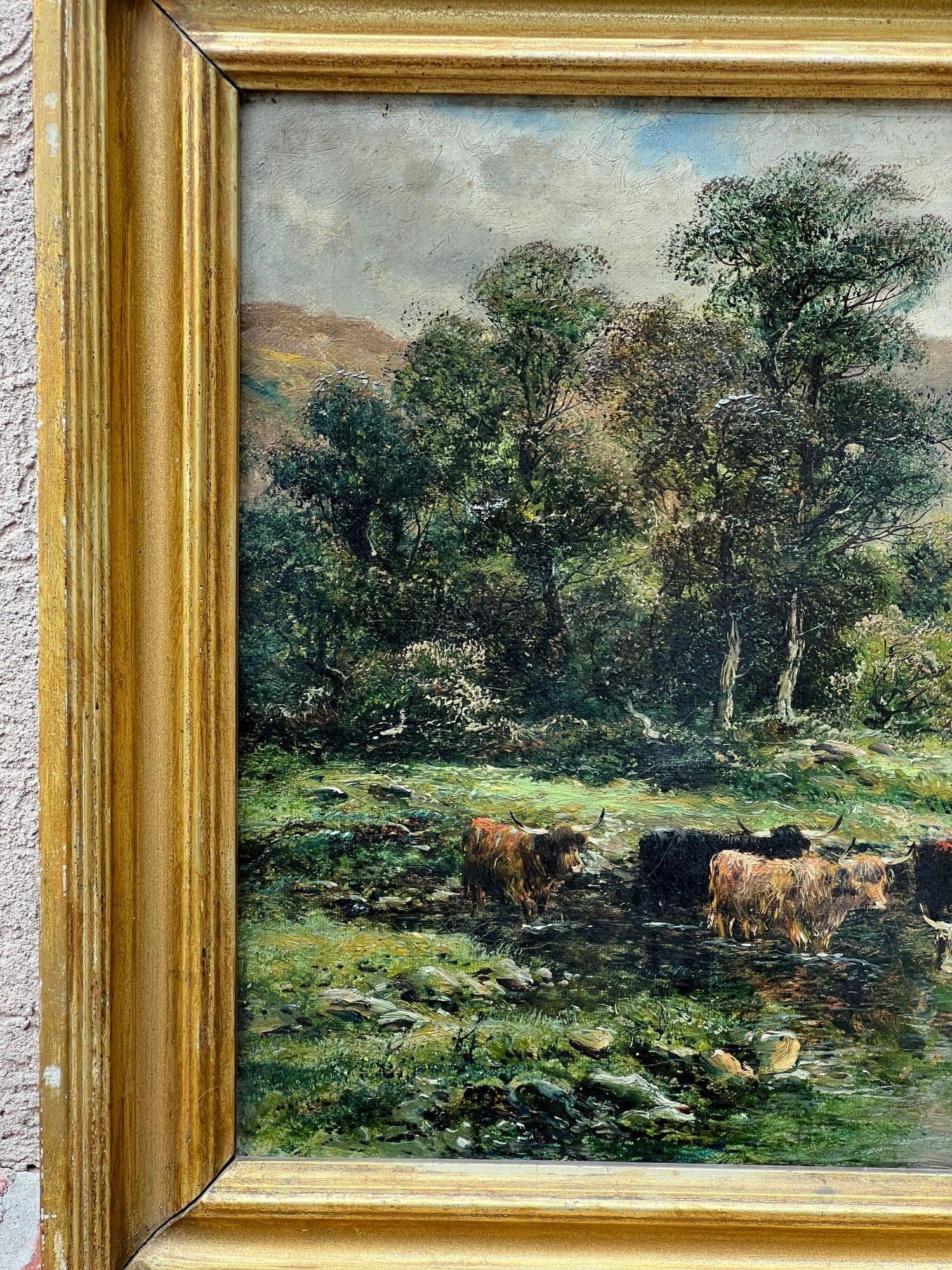 Peinture à l'huile anglaise du 19ème siècle représentant un lac de bovins des Highlands sur toile Wm Langley 8