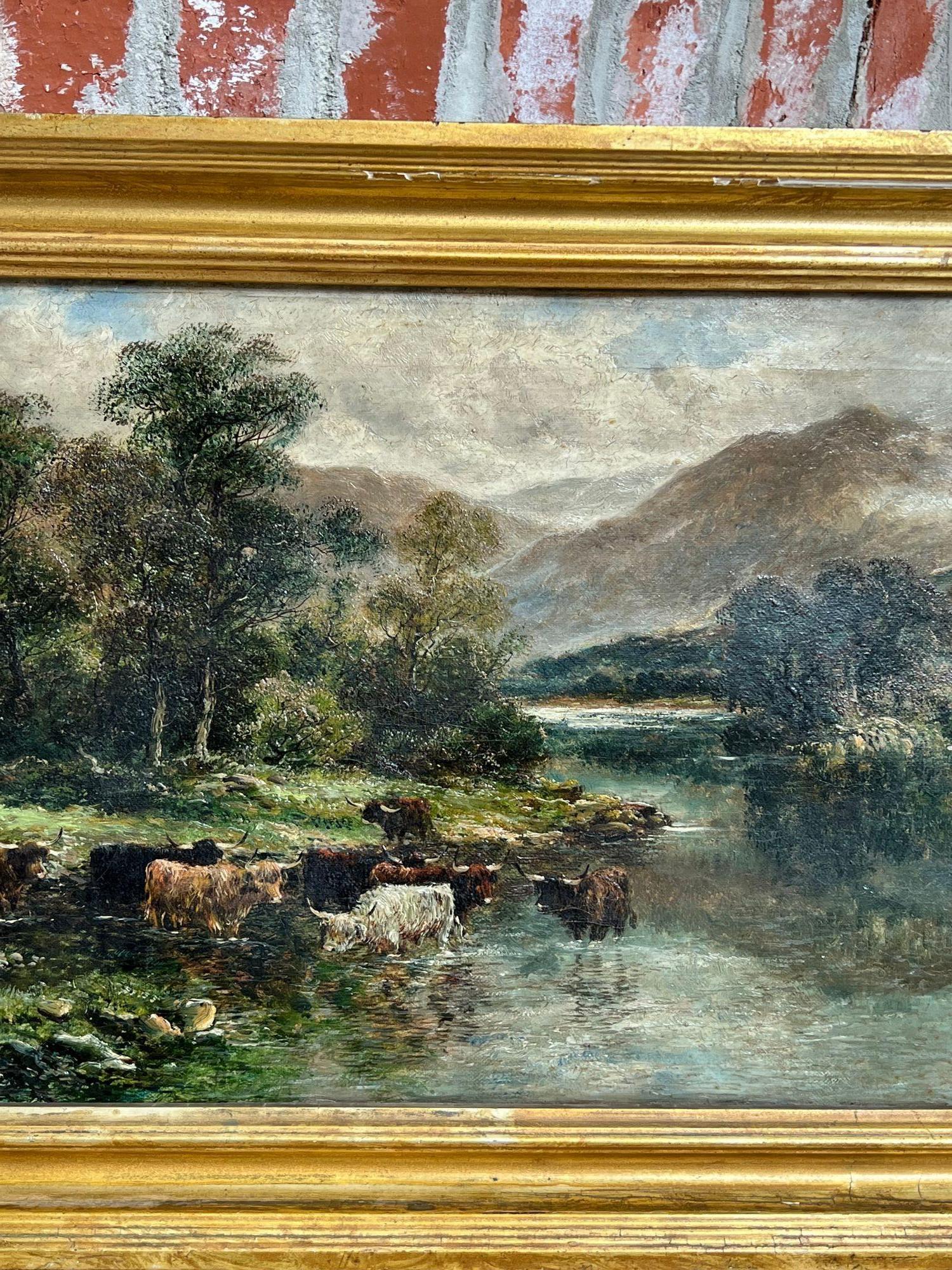 Peinture à l'huile anglaise du 19ème siècle représentant un lac de bovins des Highlands sur toile Wm Langley 9