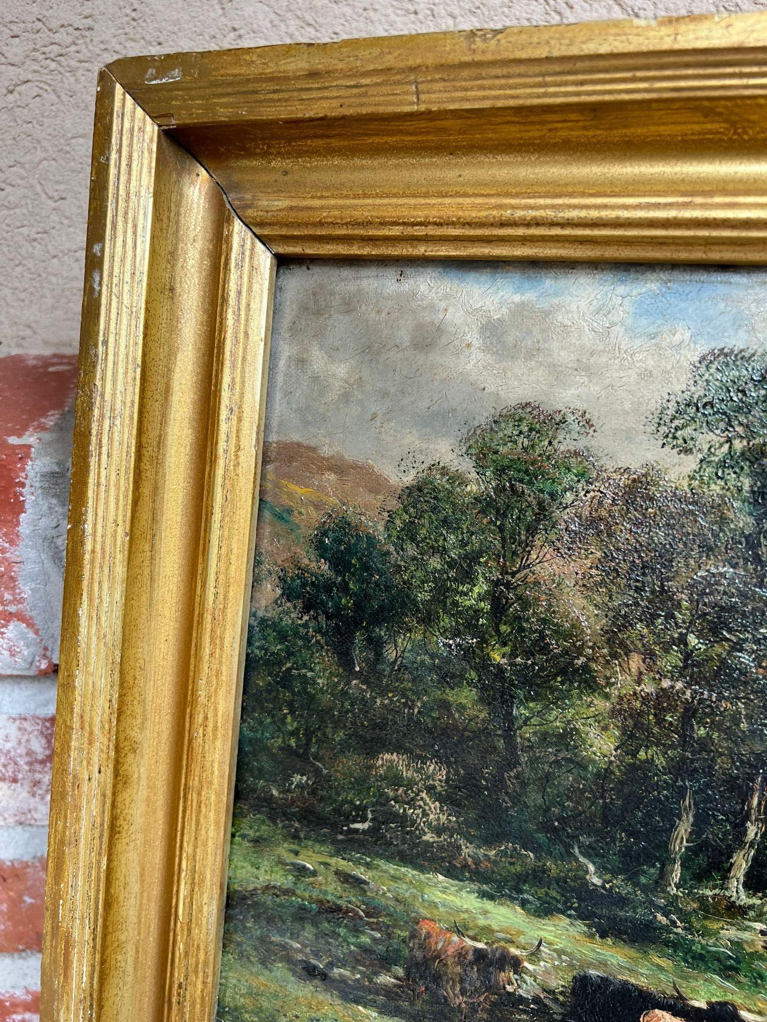 Peinture à l'huile anglaise du 19ème siècle représentant un lac de bovins des Highlands sur toile Wm Langley 11