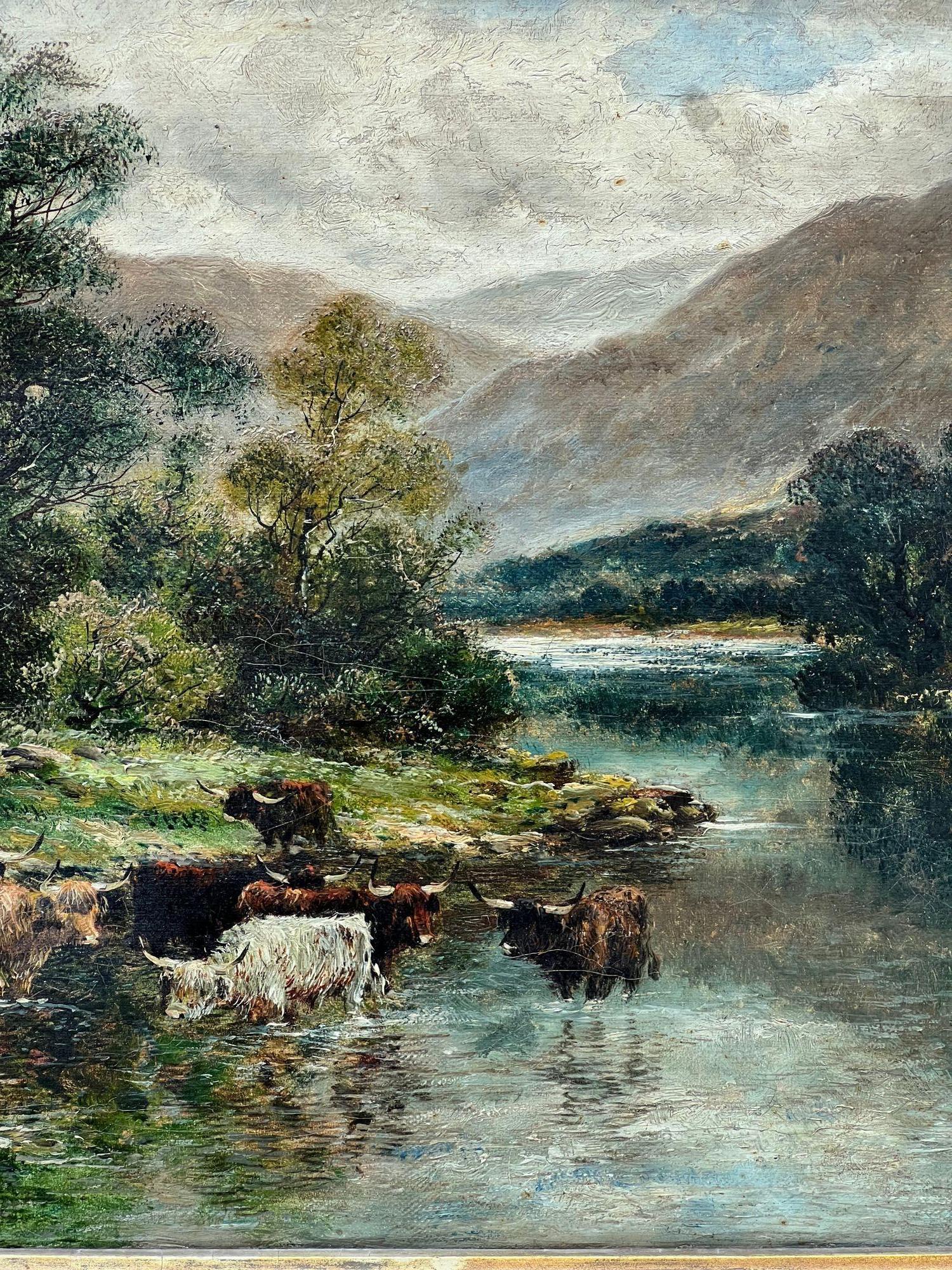 Peinture à l'huile anglaise du 19ème siècle représentant un lac de bovins des Highlands sur toile Wm Langley 12