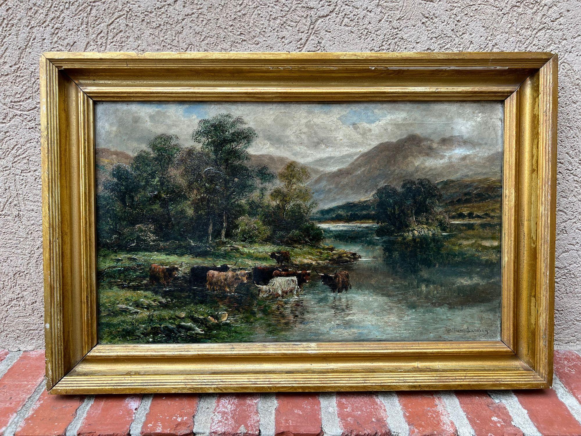 19th Century English oil painting highland cattle lake on canvas Wm Langley.
 
Direct from England, this beautiful original oil on canvas, by British artist William Langley.
The gorgeous landscape features a herd of Highland cattle watering at a