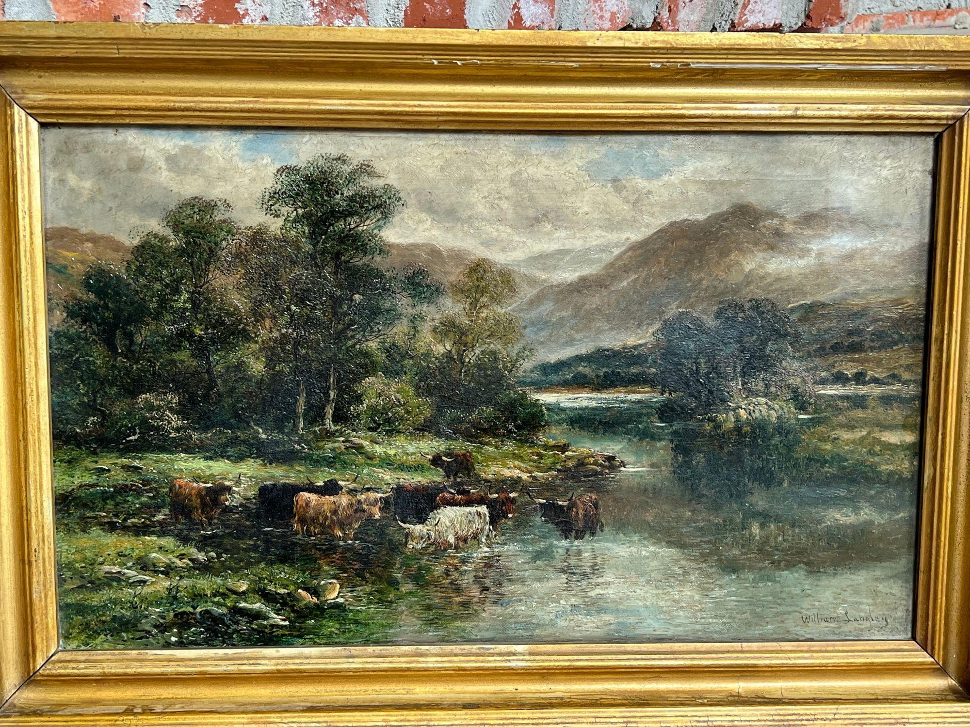 Romantique Peinture à l'huile anglaise du 19ème siècle représentant un lac de bovins des Highlands sur toile Wm Langley