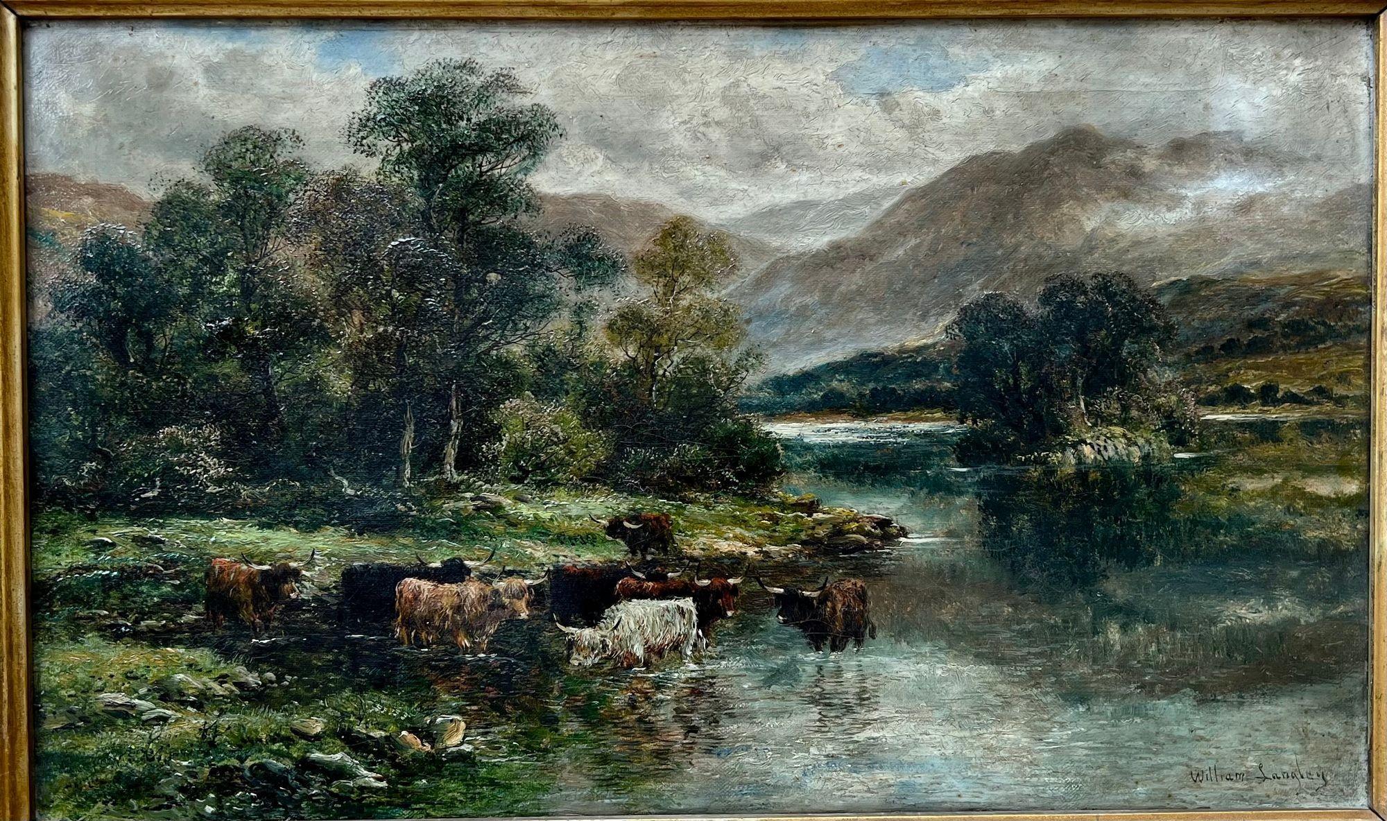 Peint à la main Peinture à l'huile anglaise du 19ème siècle représentant un lac de bovins des Highlands sur toile Wm Langley