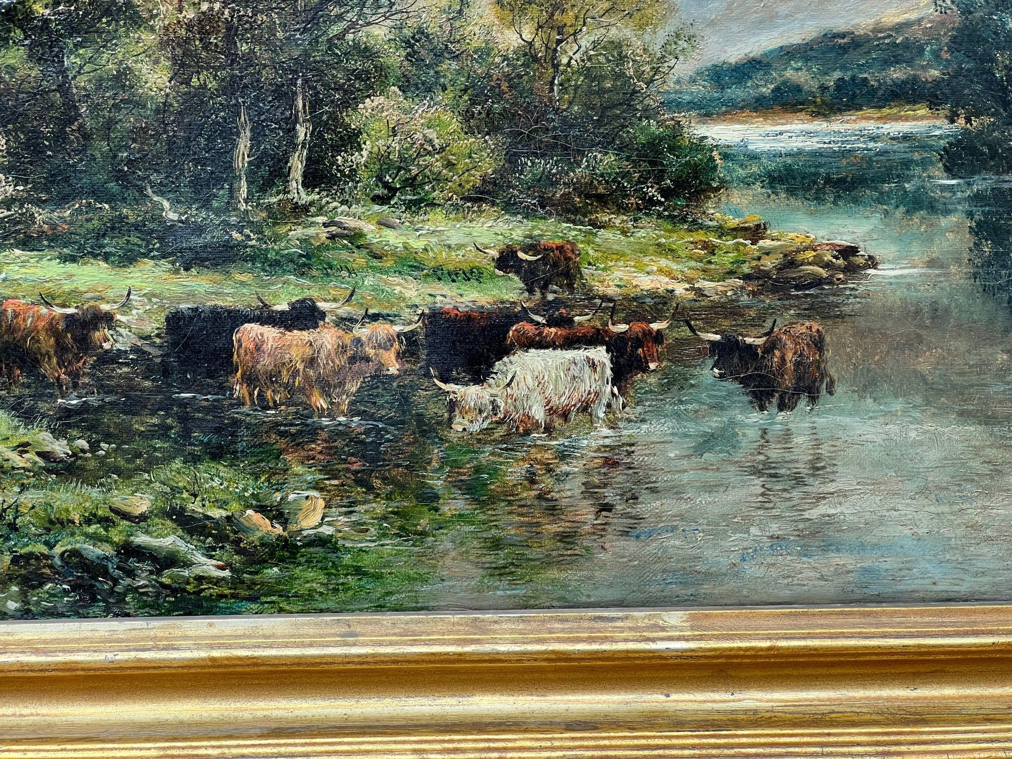 XIXe siècle Peinture à l'huile anglaise du 19ème siècle représentant un lac de bovins des Highlands sur toile Wm Langley