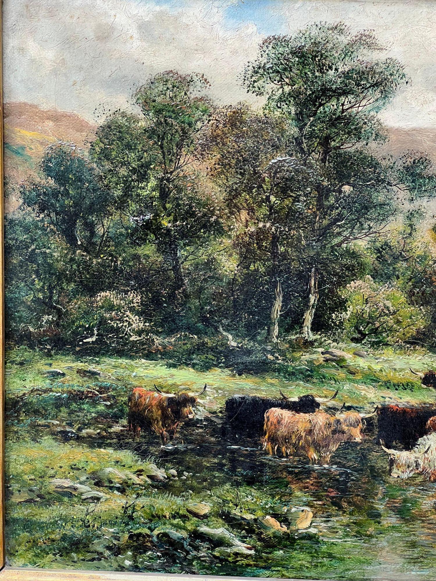 Toile Peinture à l'huile anglaise du 19ème siècle représentant un lac de bovins des Highlands sur toile Wm Langley