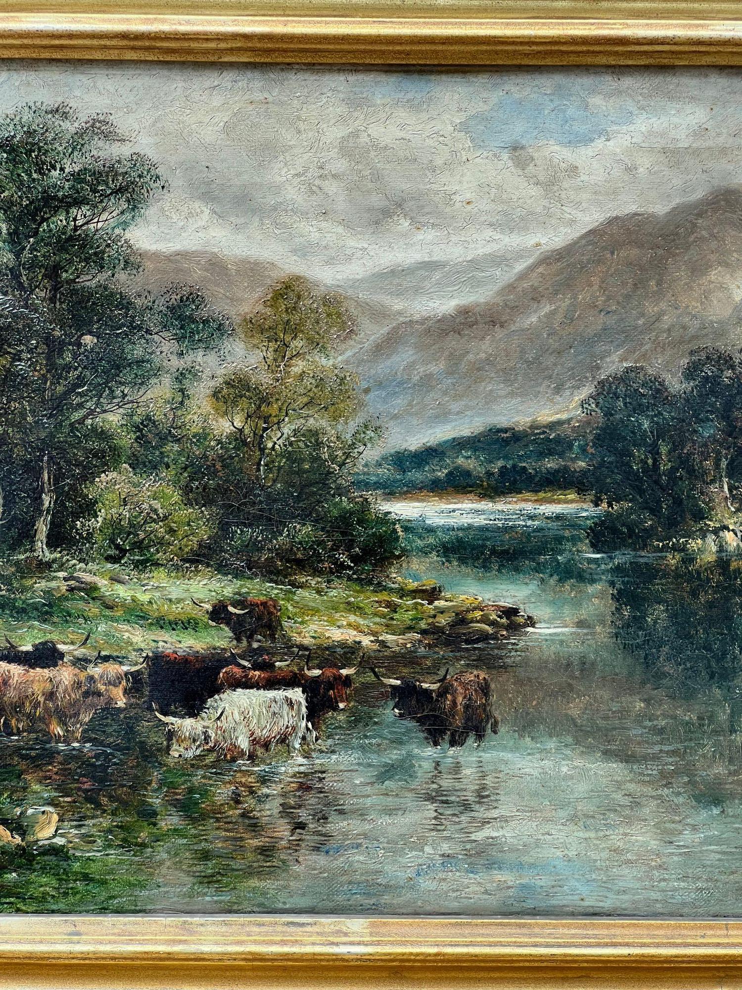 Peinture à l'huile anglaise du 19ème siècle représentant un lac de bovins des Highlands sur toile Wm Langley 1