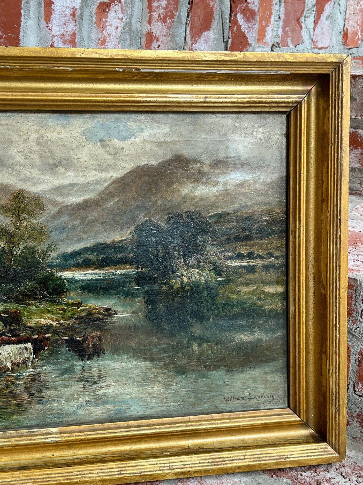 Peinture à l'huile anglaise du 19ème siècle représentant un lac de bovins des Highlands sur toile Wm Langley 2