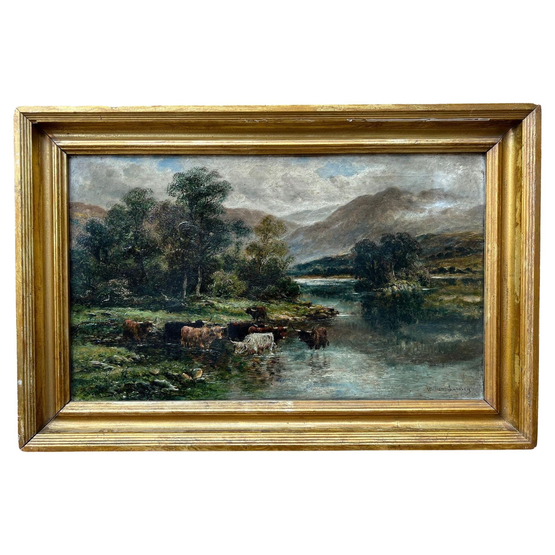 Peinture à l'huile anglaise du 19ème siècle représentant un lac de bovins des Highlands sur toile Wm Langley