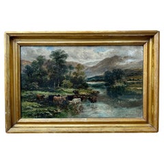 19th Century English Oil Painting Highland Cattle Lake on Canvas Wm Langley