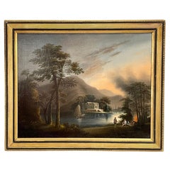 Peinture à l'huile anglaise du 19ème siècle dans un cadre en bois doré et ébène