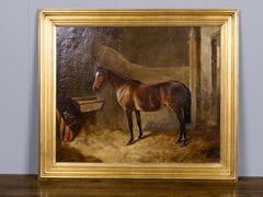 19th Century English Oil Painting of a Bay Horse in Stable Interior