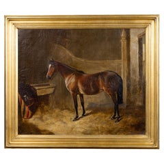 19th Century English Oil Painting of a Bay Horse in Stable Interior