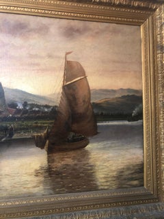 19th Century English Oil Painting of a Boat and Village