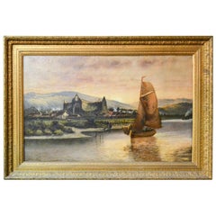 19th Century English Oil Painting of a Boat and Village