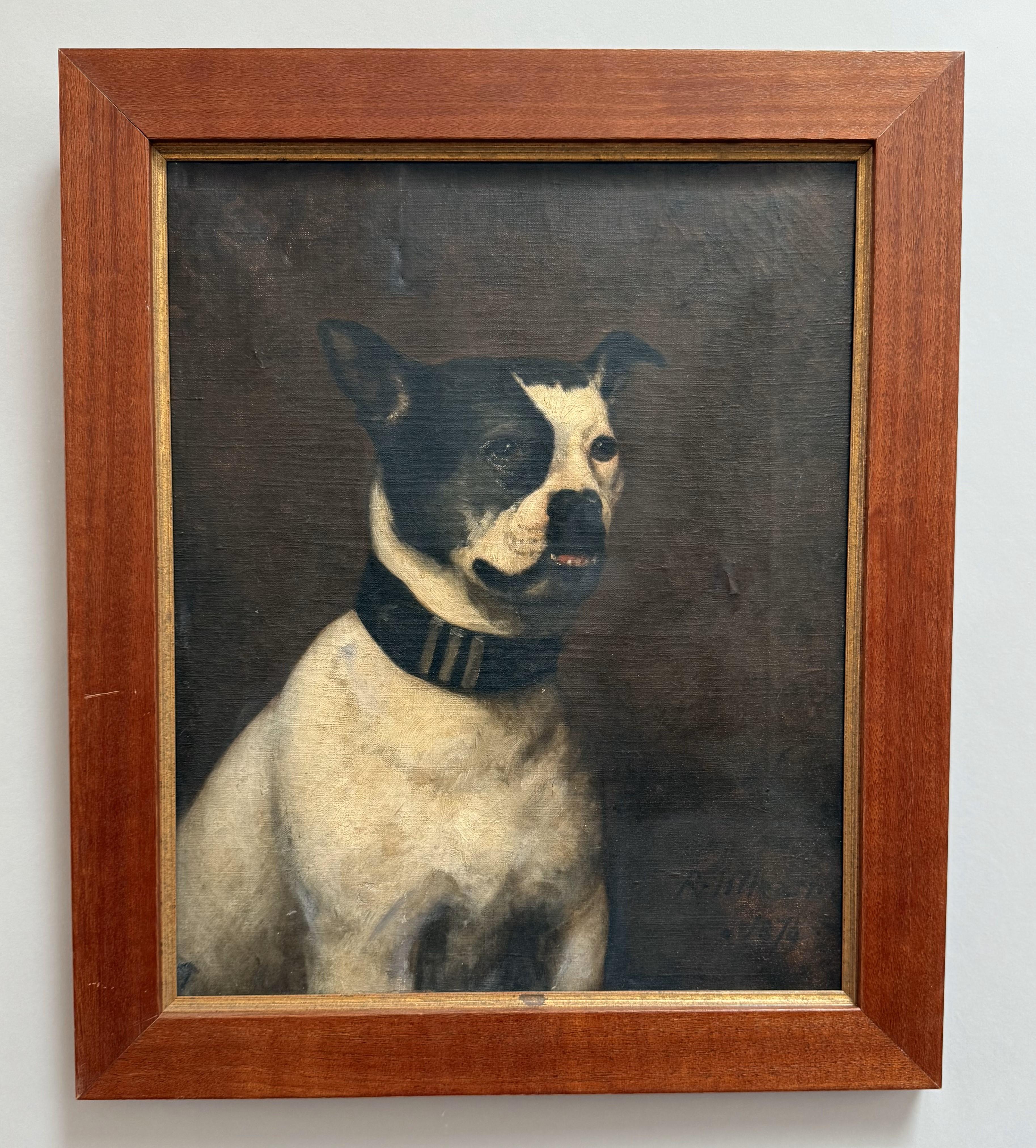 19th Century English Oil Painting of a Bulldog by R.H. Hearn, Dated 1874.

A finely executed 19th-century English oil painting depicting a seated bulldog, signed and dated by the artist R.H. Hearn, 1874. This richly detailed portrait captures the