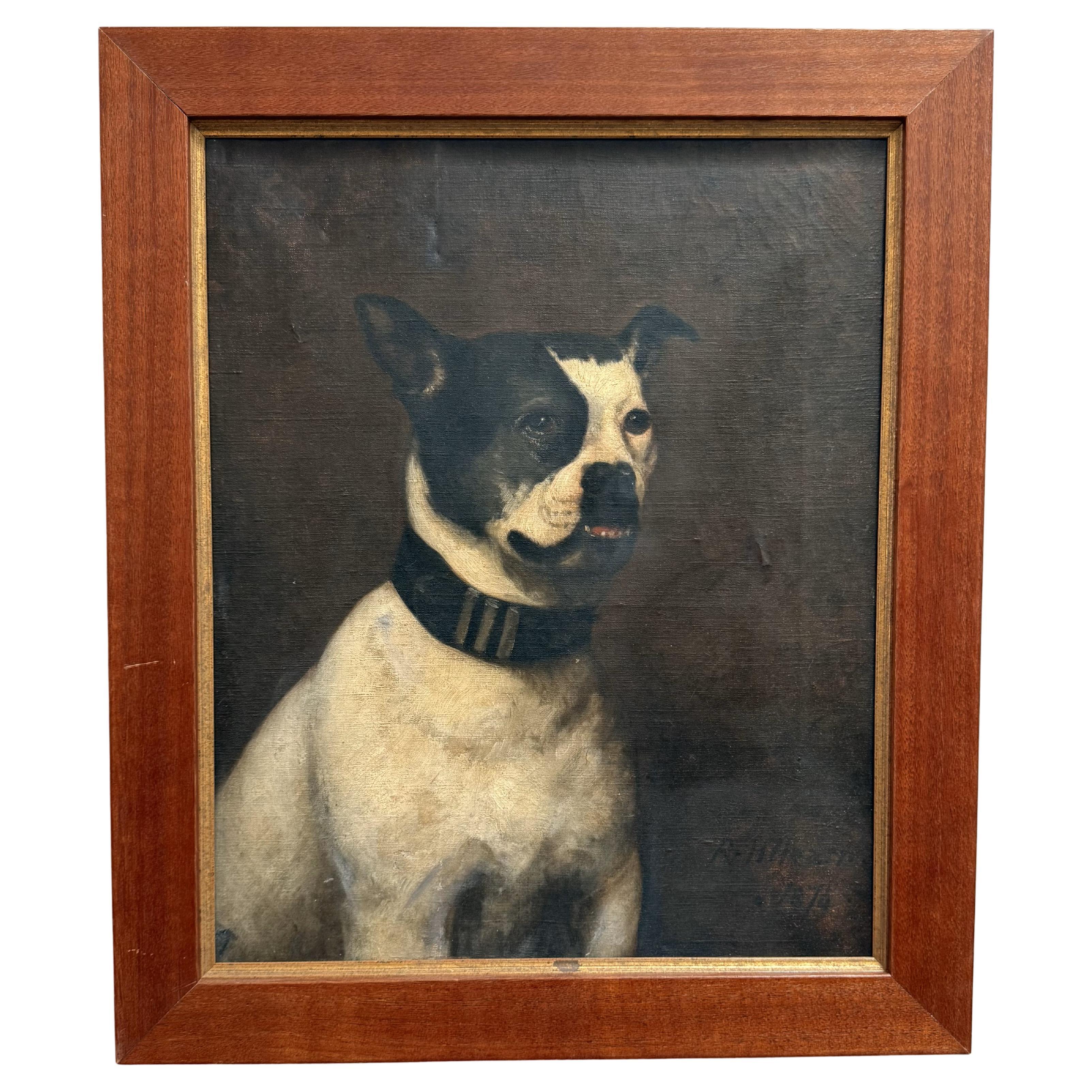 Óleo inglés del siglo XIX de un Bulldog por R.H. Hearn, fechado en 1874