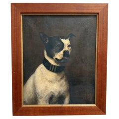 Pittura ad olio inglese del XIX secolo raffigurante un bulldog di R.H. Hearn, datato 1874