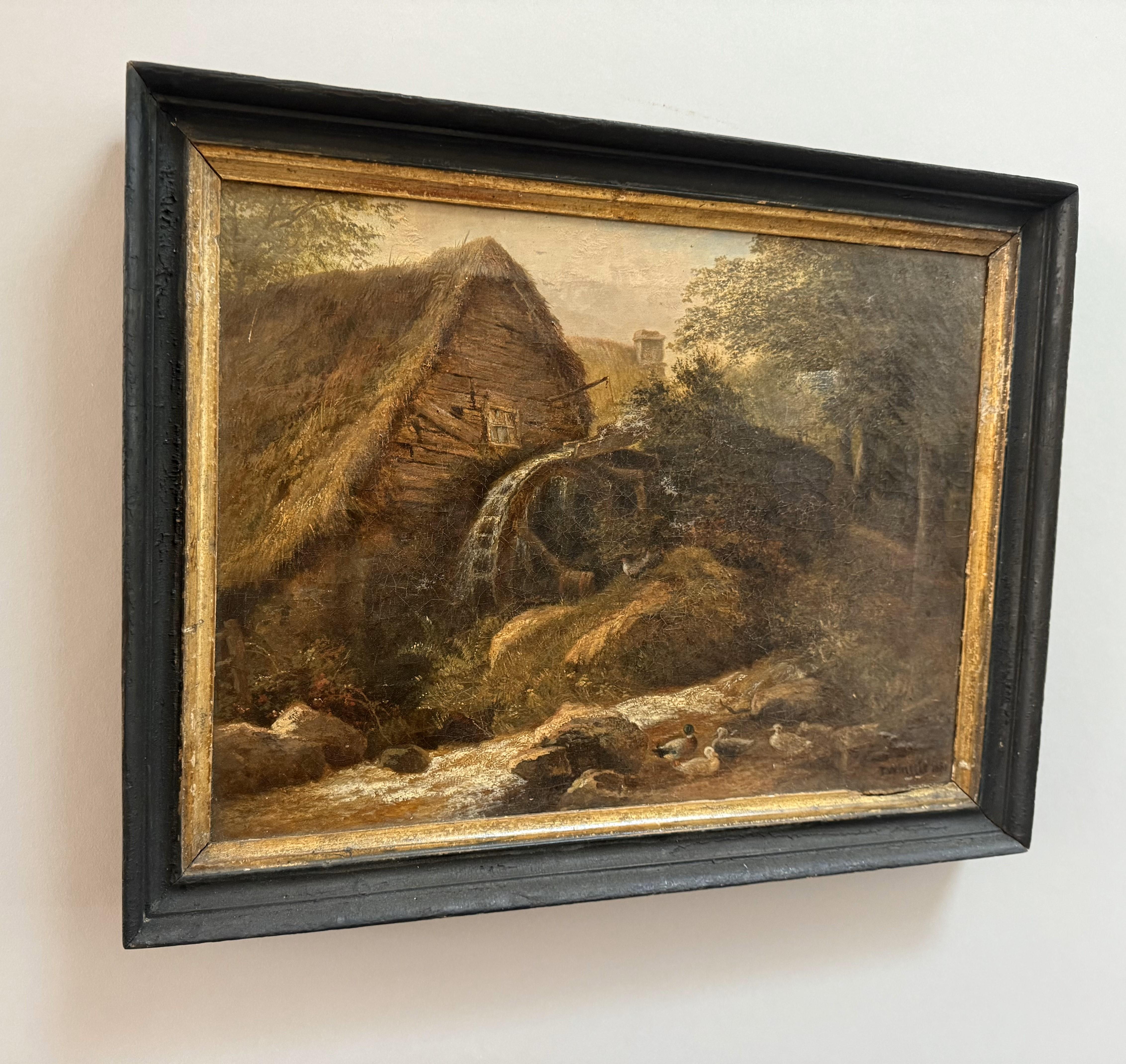 Hand-Crafted 19th Century English Oil Painting of a Thatched Mill by T. Whittle, Dated 1881 For Sale