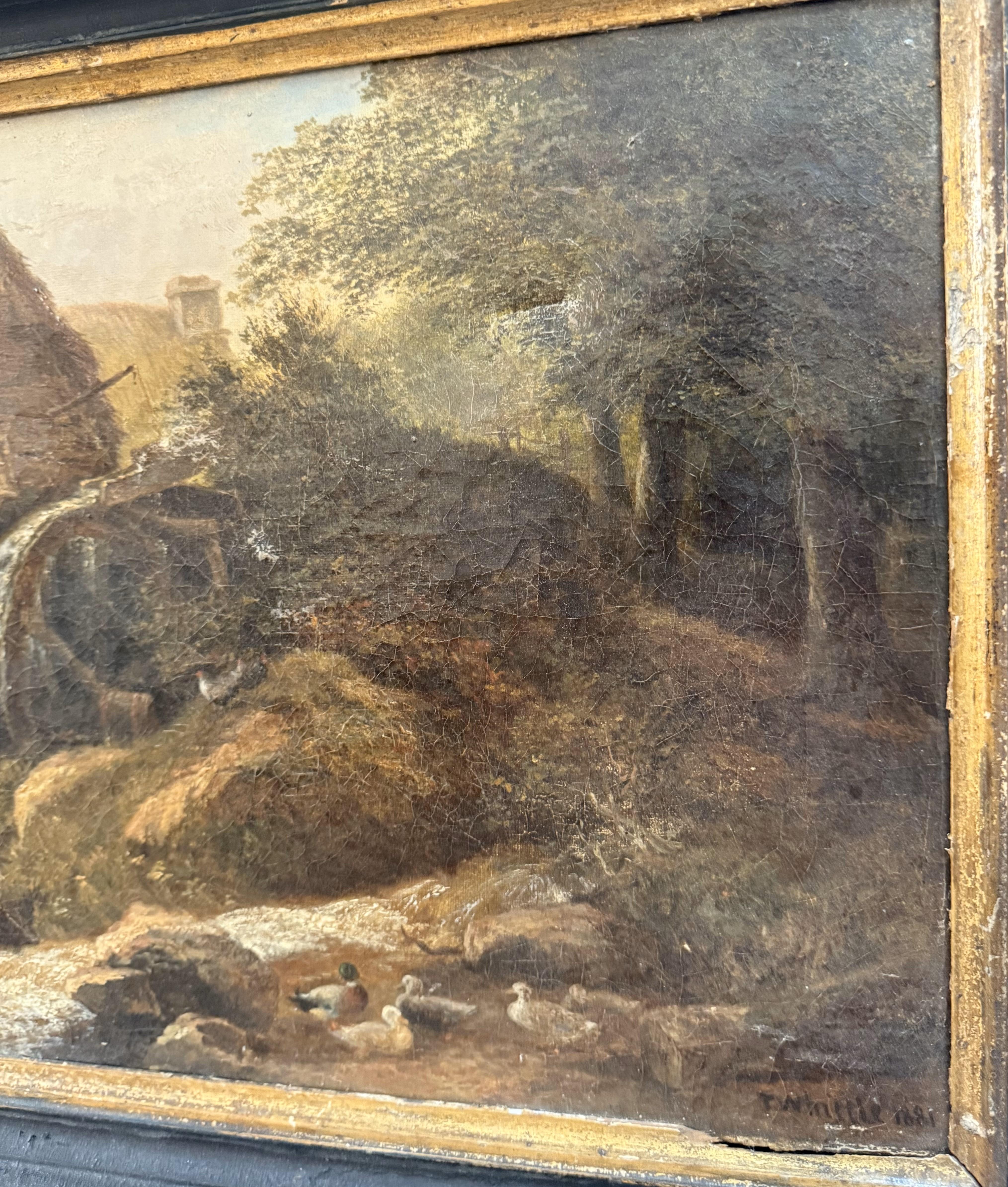 19th Century English Oil Painting of a Thatched Mill by T. Whittle, Dated 1881 For Sale 1