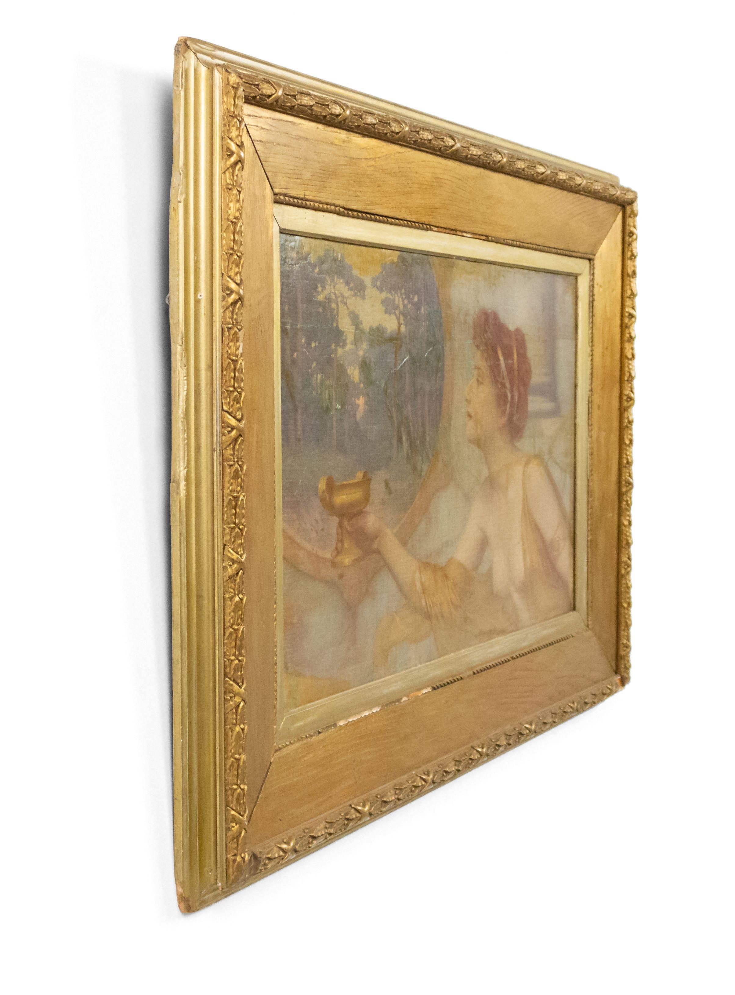 Peinture à l'huile anglaise du 19ème siècle représentant une femme classique avec une urne dans un cadre doré en vente 5