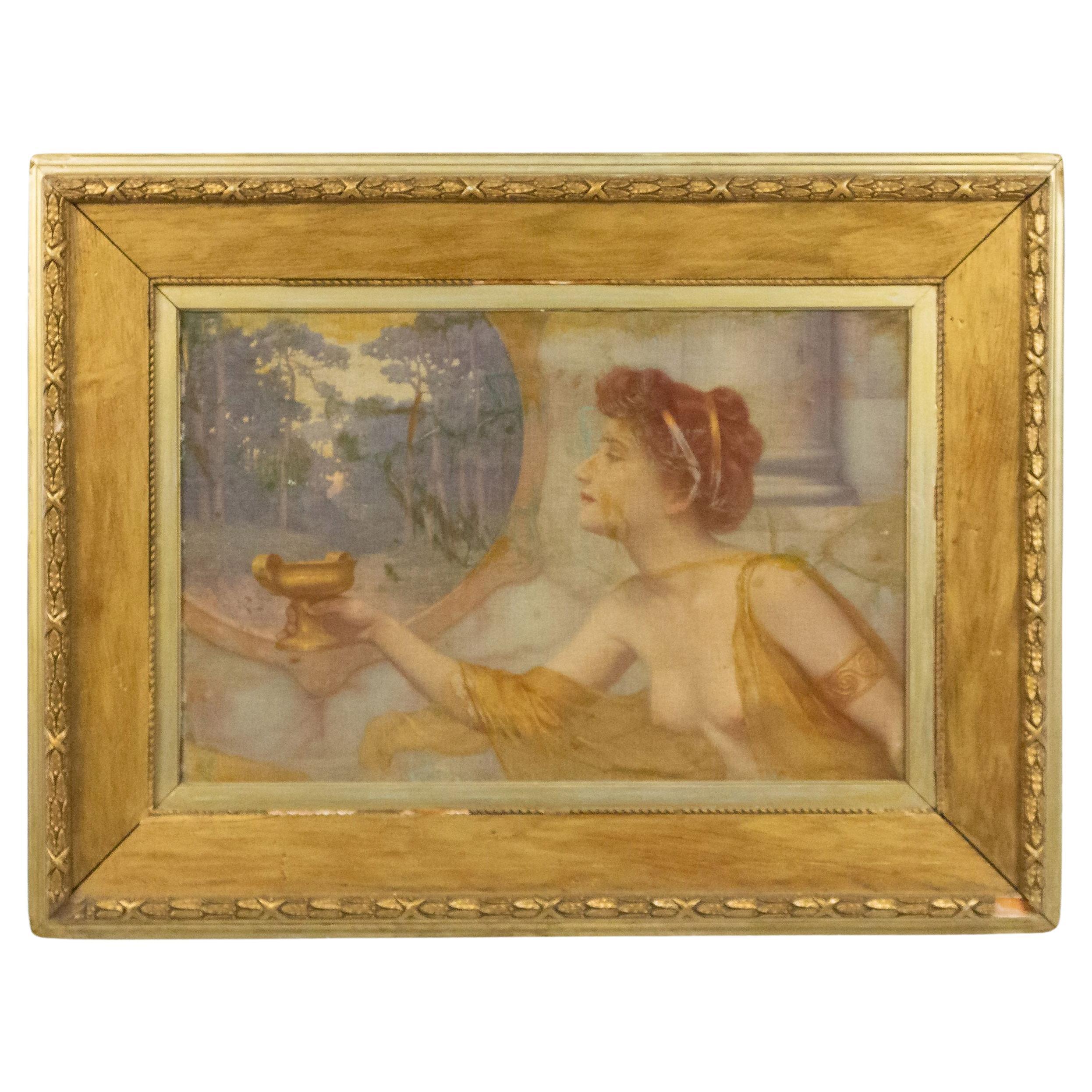 Peinture à l'huile anglaise du 19ème siècle représentant une femme classique avec une urne dans un cadre doré en vente
