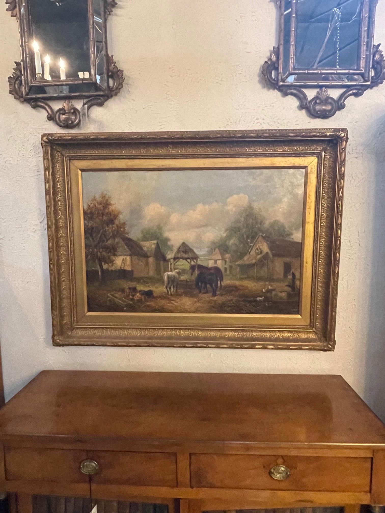 Lovely 19th century English oil painting on canvas. Painting depicts a rural scene with some farm animals and small cottages in a beautiful decorative frame. Nice!