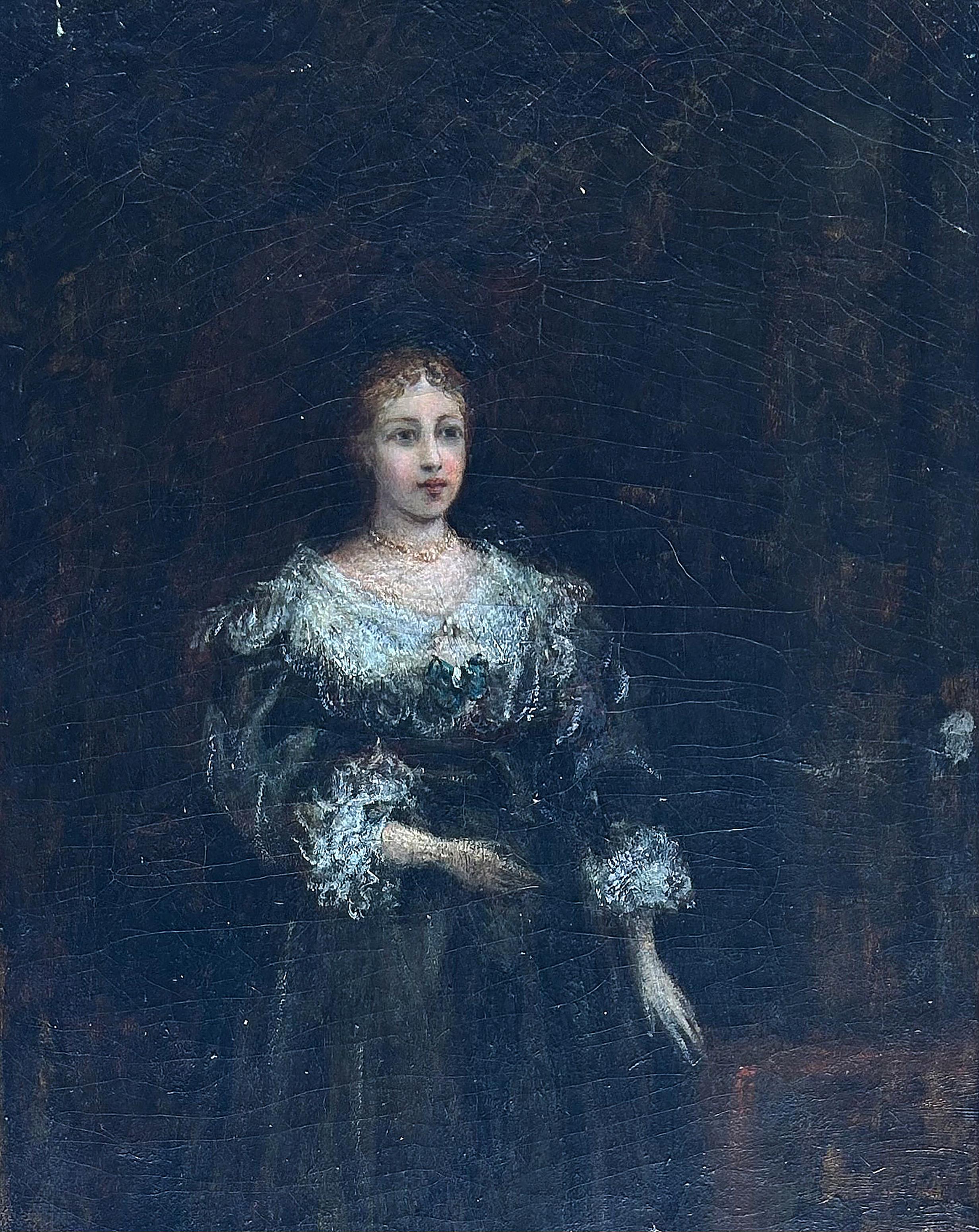 Anglais Peinture à l'huile sur toile anglaise du XIXe siècle, femme victorienne, signée de façon illisible en vente