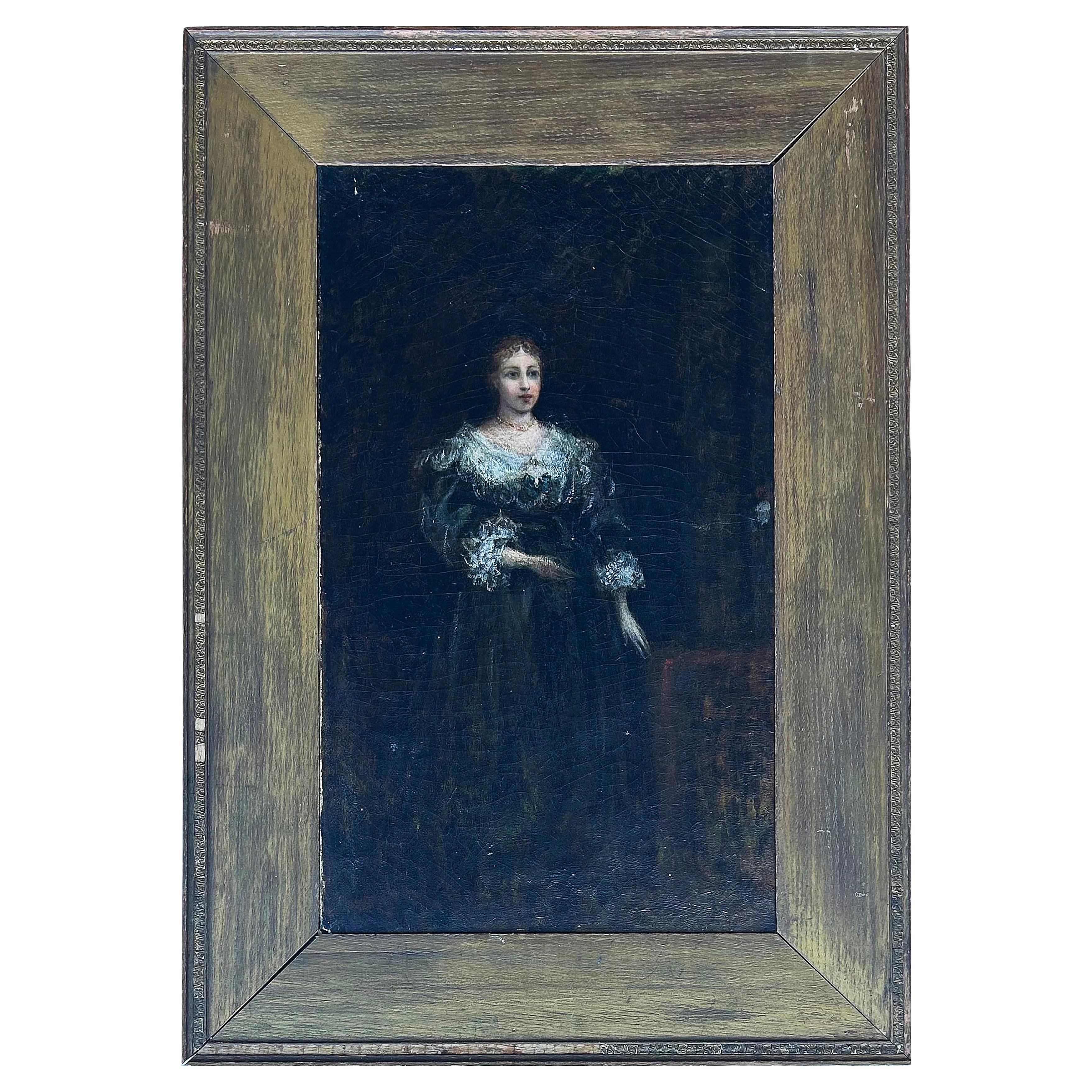 Peinture à l
huile sur toile anglaise du XIXe siècle, femme victorienne, signée de façon illisible en vente