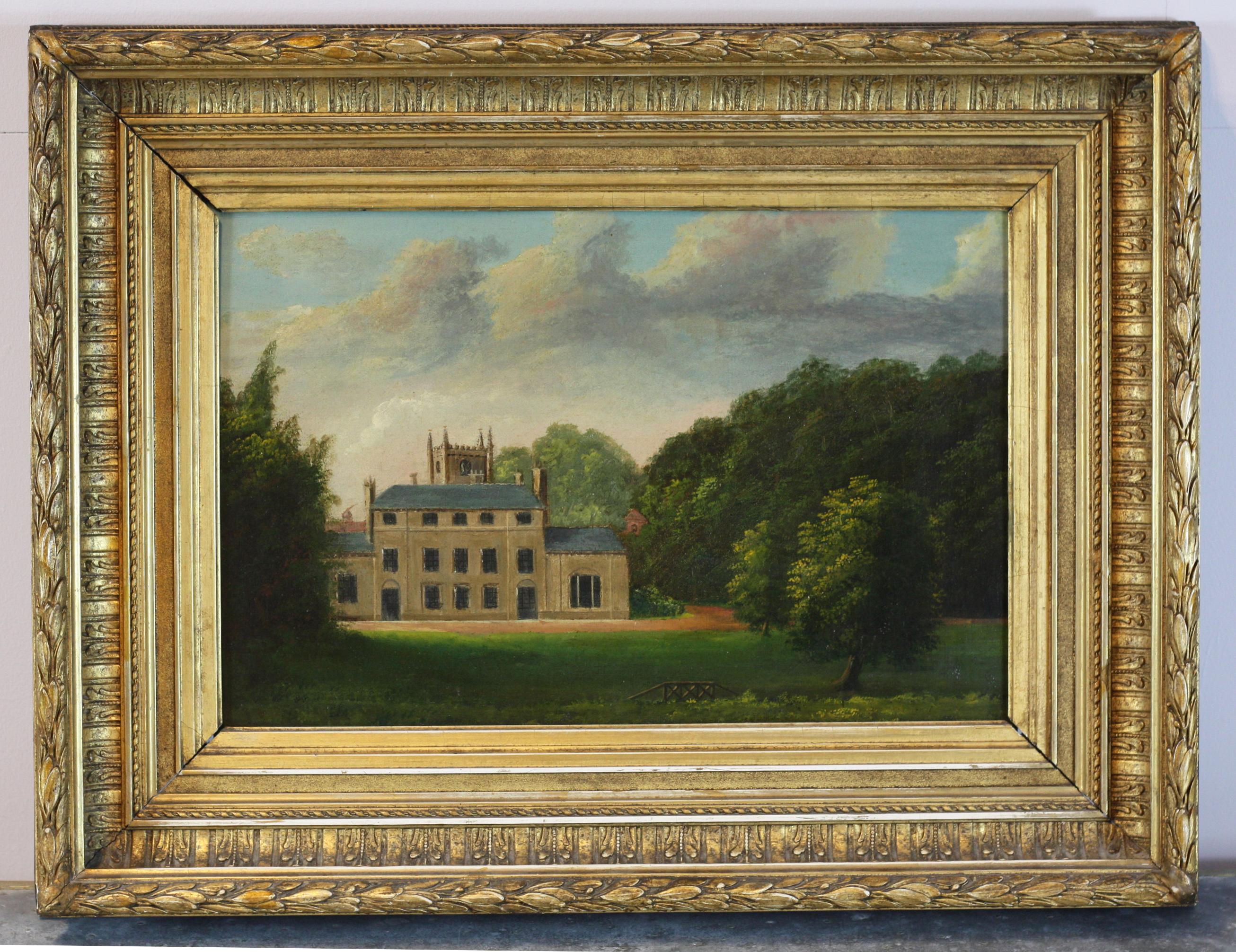 Wonderfully observed English scene of a Georgian Rectory with the village church in background, unusually painted on tin, 19th century in original frame.