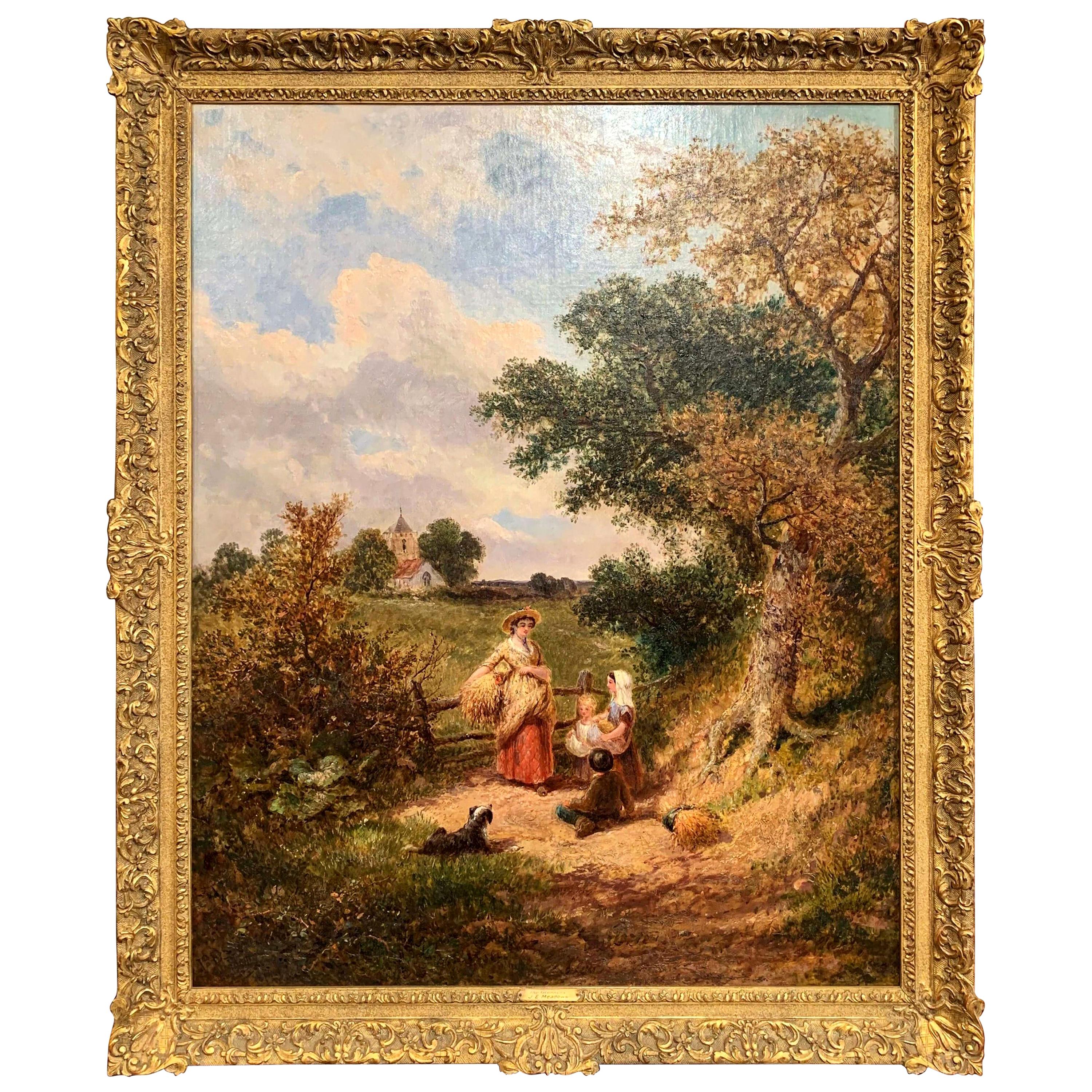 19th Century English Oil Painting "The Gleaners" Signed J. E. Meadows Dated 1874