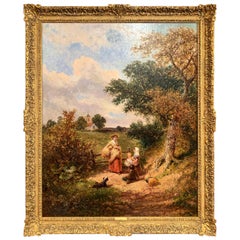 Antique 19th Century English Oil Painting "The Gleaners" Signed J. E. Meadows Dated 1874