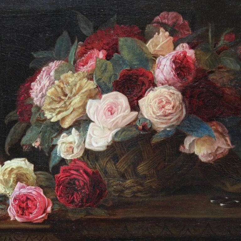 A black-red, antique English school, still life oil on canvas painting depicting a basket with many colorful roses, flowers painted by John William Waterhouse in a hand carved, original gilded wood frame, in good condition. The colorful painting