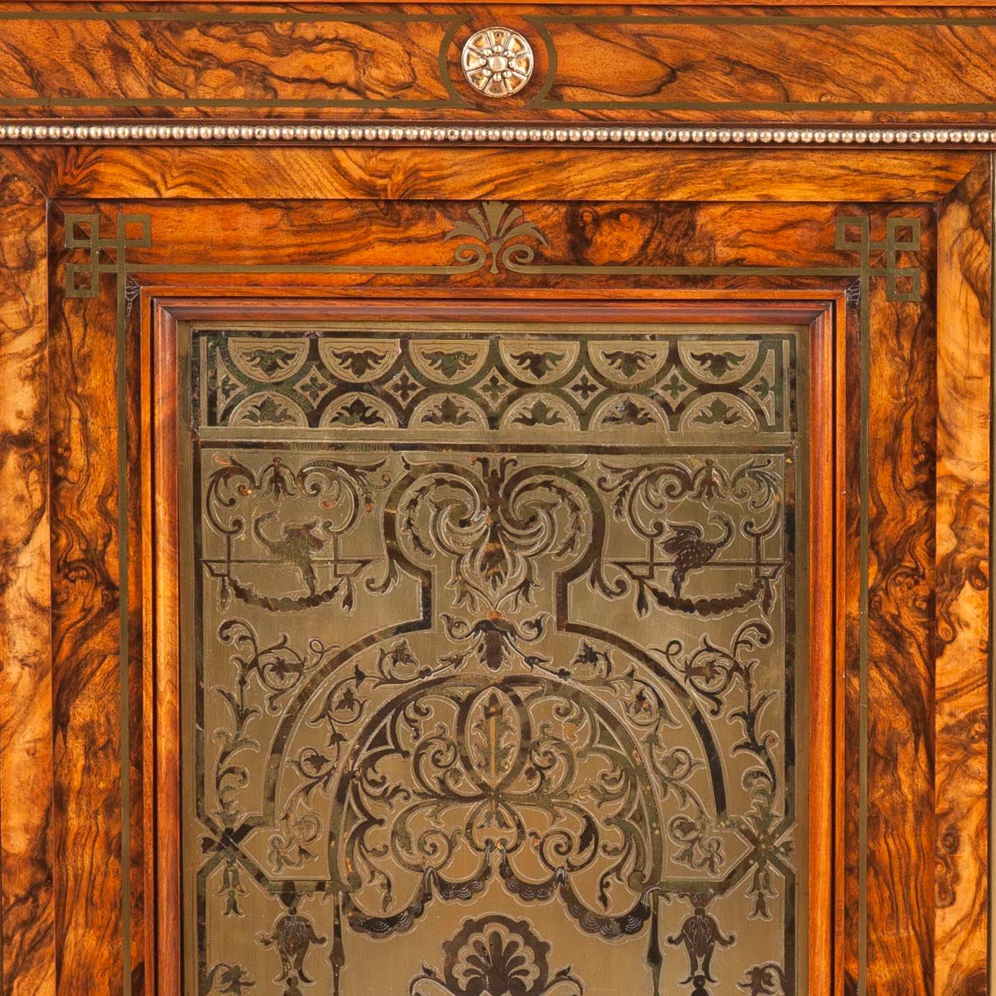 Hand-Carved 19th Century English Olivewood and Brass Inlaid Cabinet  For Sale