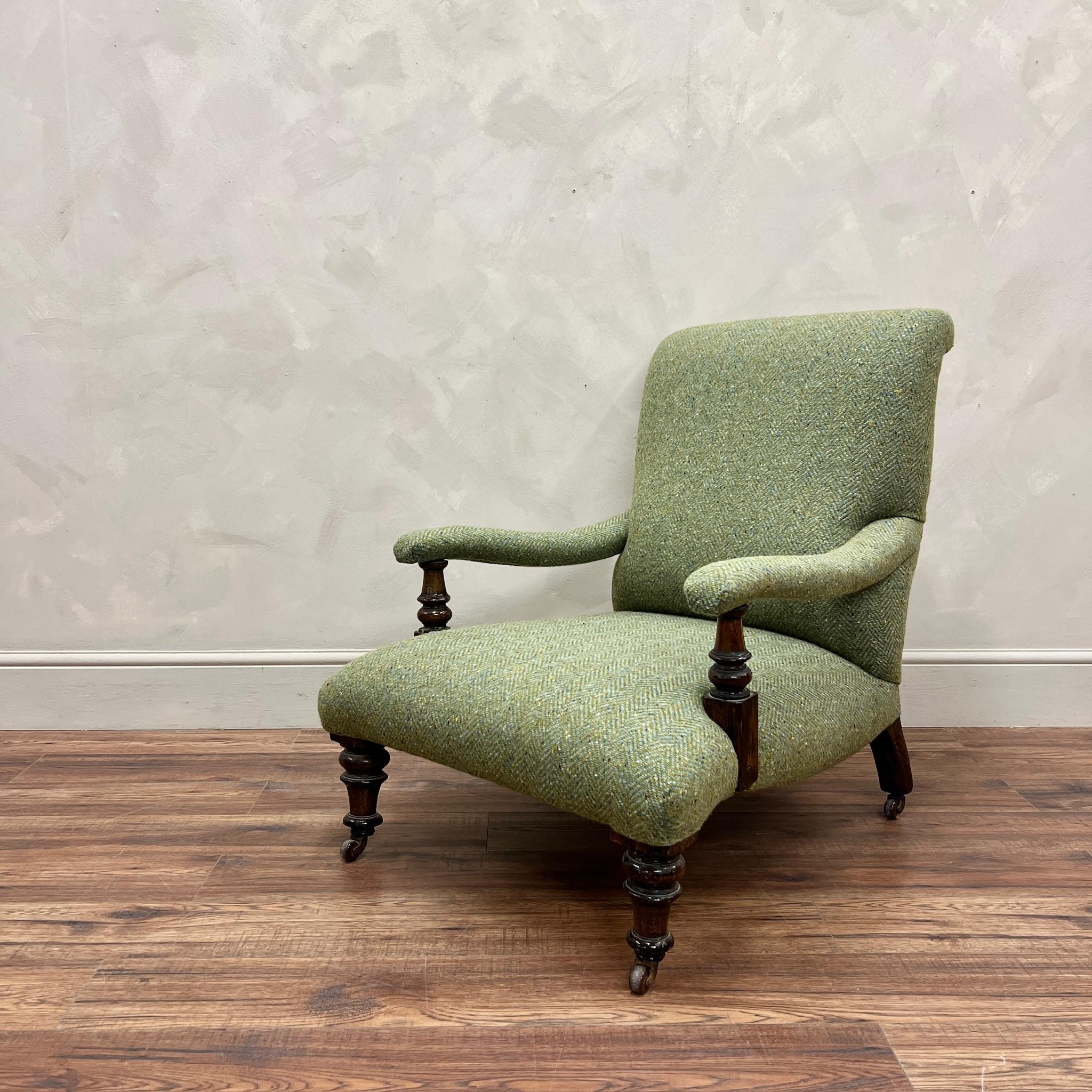 19th Century English Open Arm Library Chair Upholstered In Wool 7