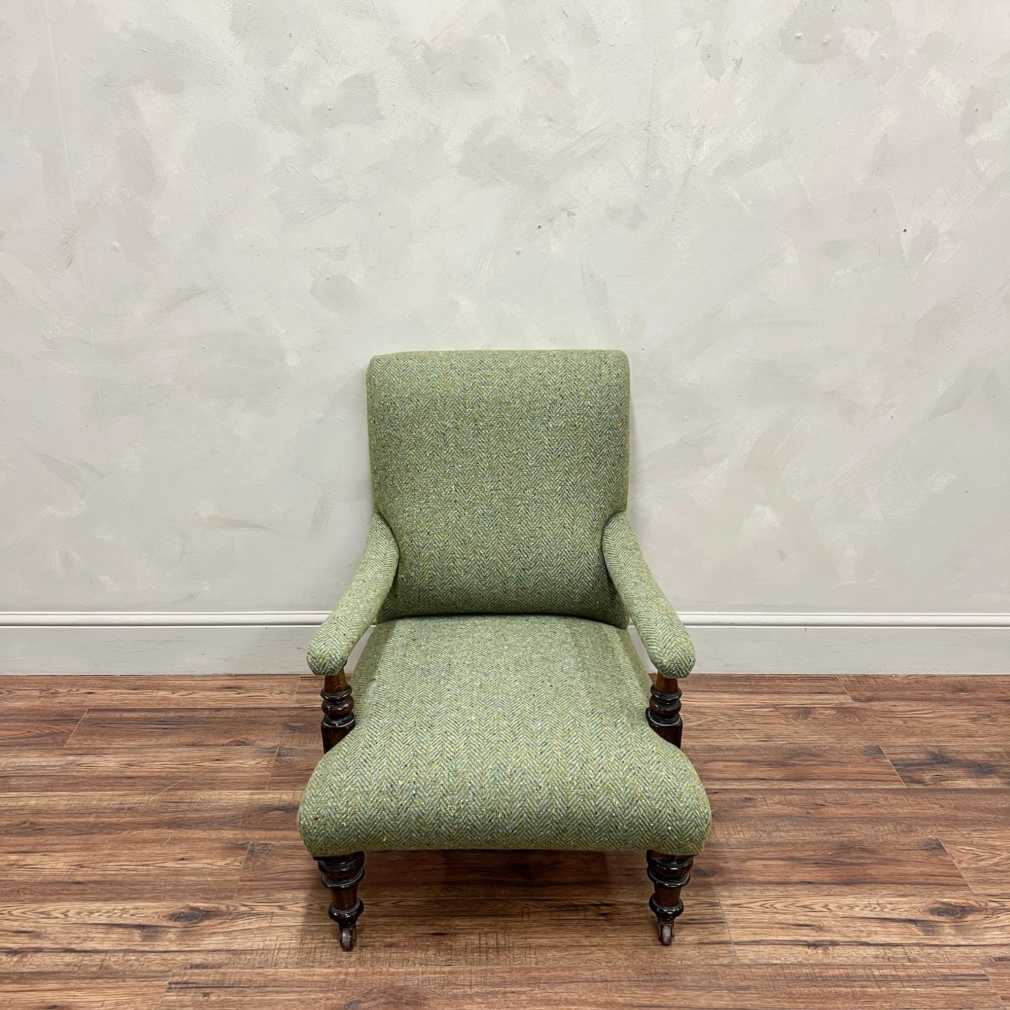 British 19th Century English Open Arm Library Chair Upholstered In Wool