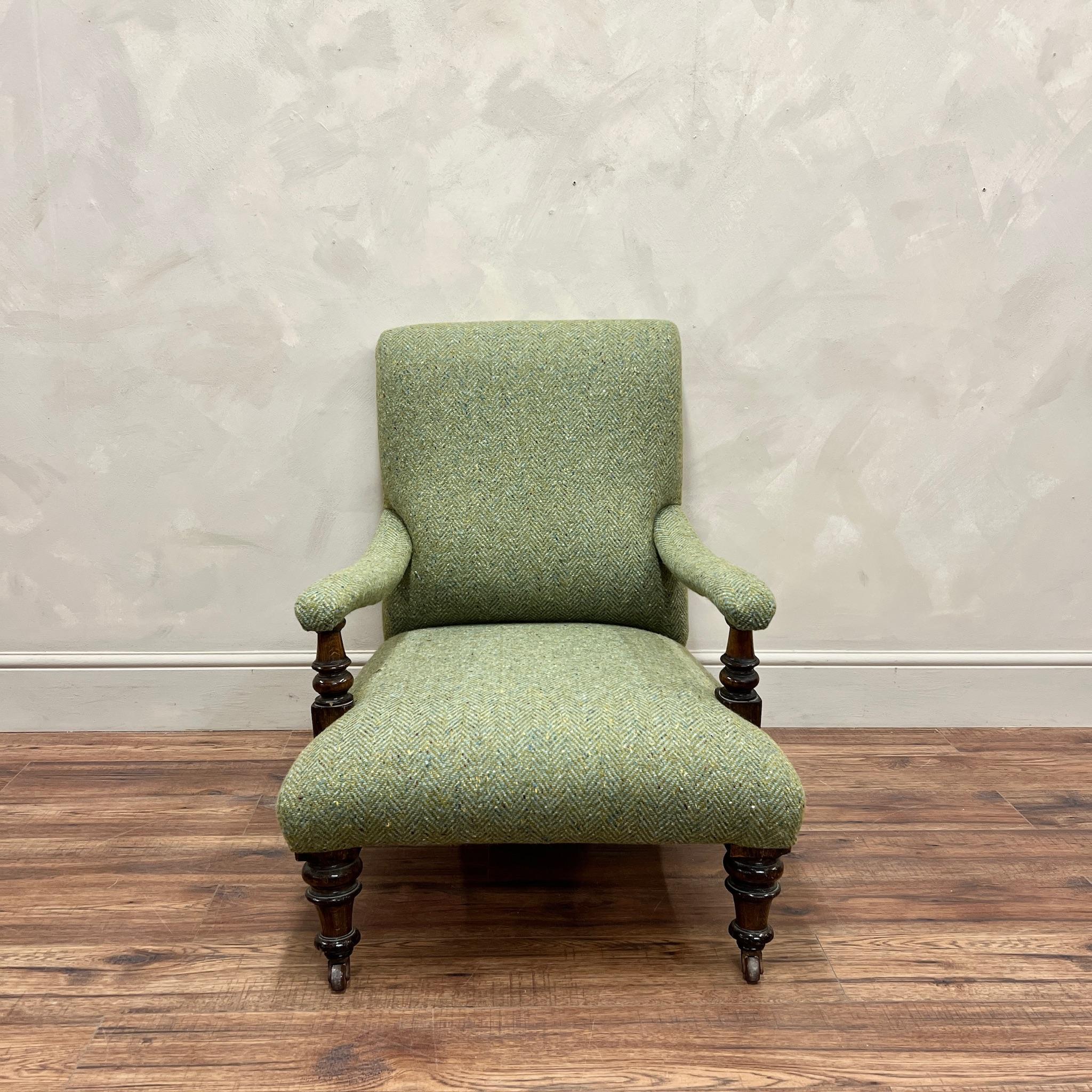 Hand-Crafted 19th Century English Open Arm Library Chair Upholstered In Wool