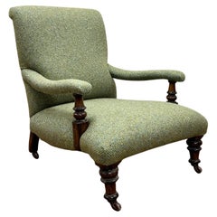 19th Century English Open Arm Library Chair Upholstered In Wool