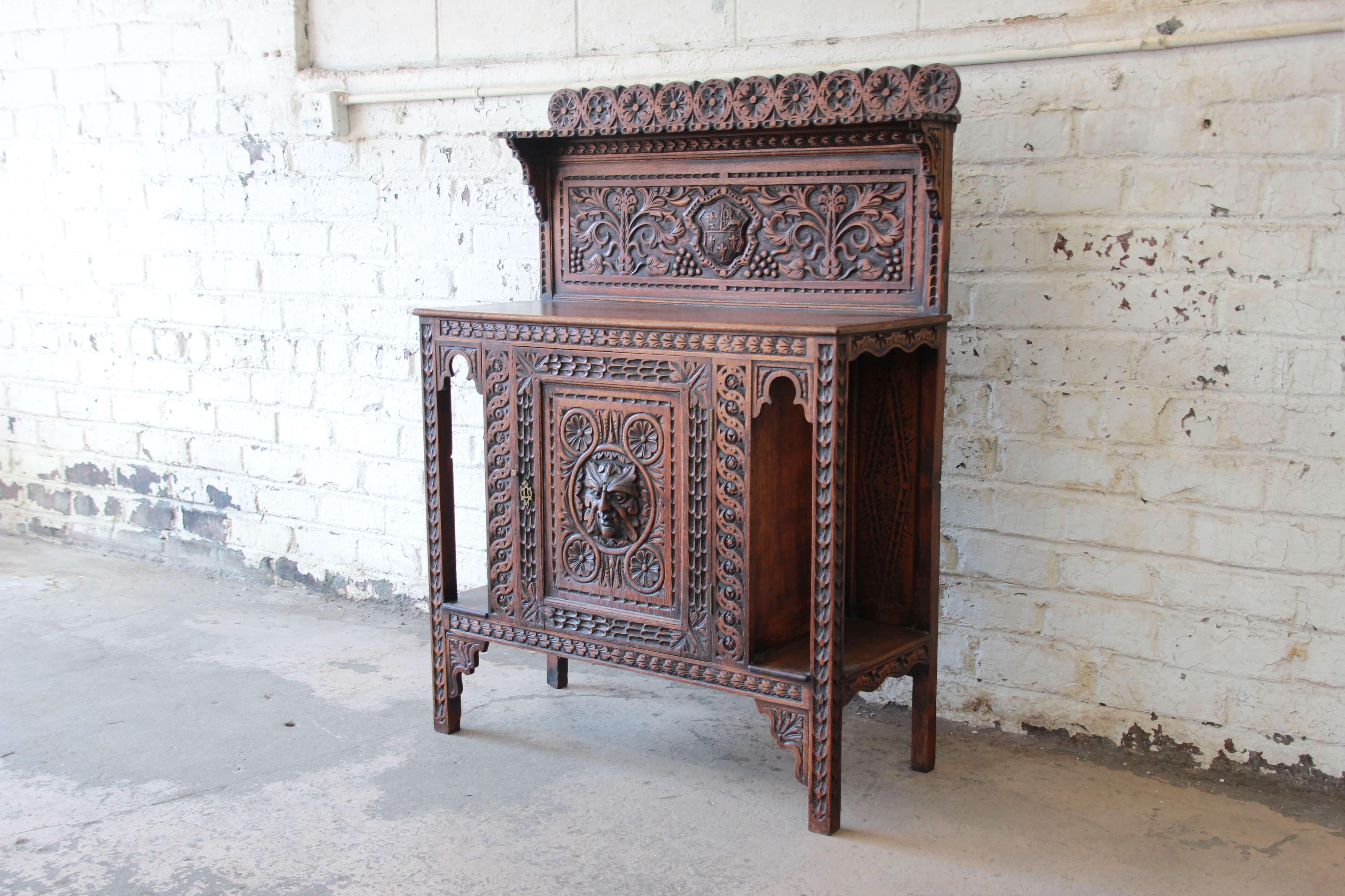 Baroque Revival 19th Century English Ornate Carved Oak Sideboard Bar Cabinet