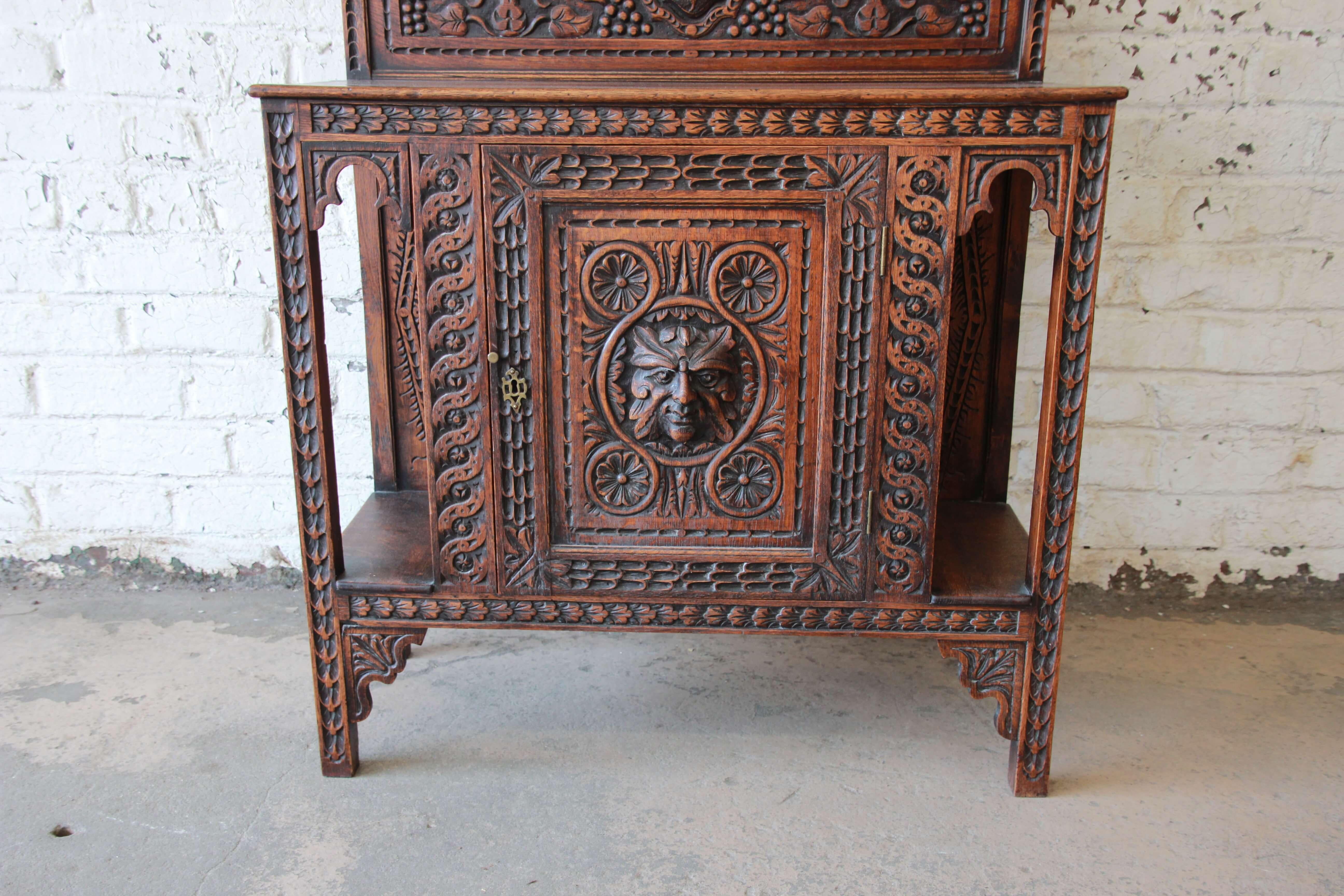 19th Century English Ornate Carved Oak Sideboard Bar Cabinet In Good Condition In South Bend, IN
