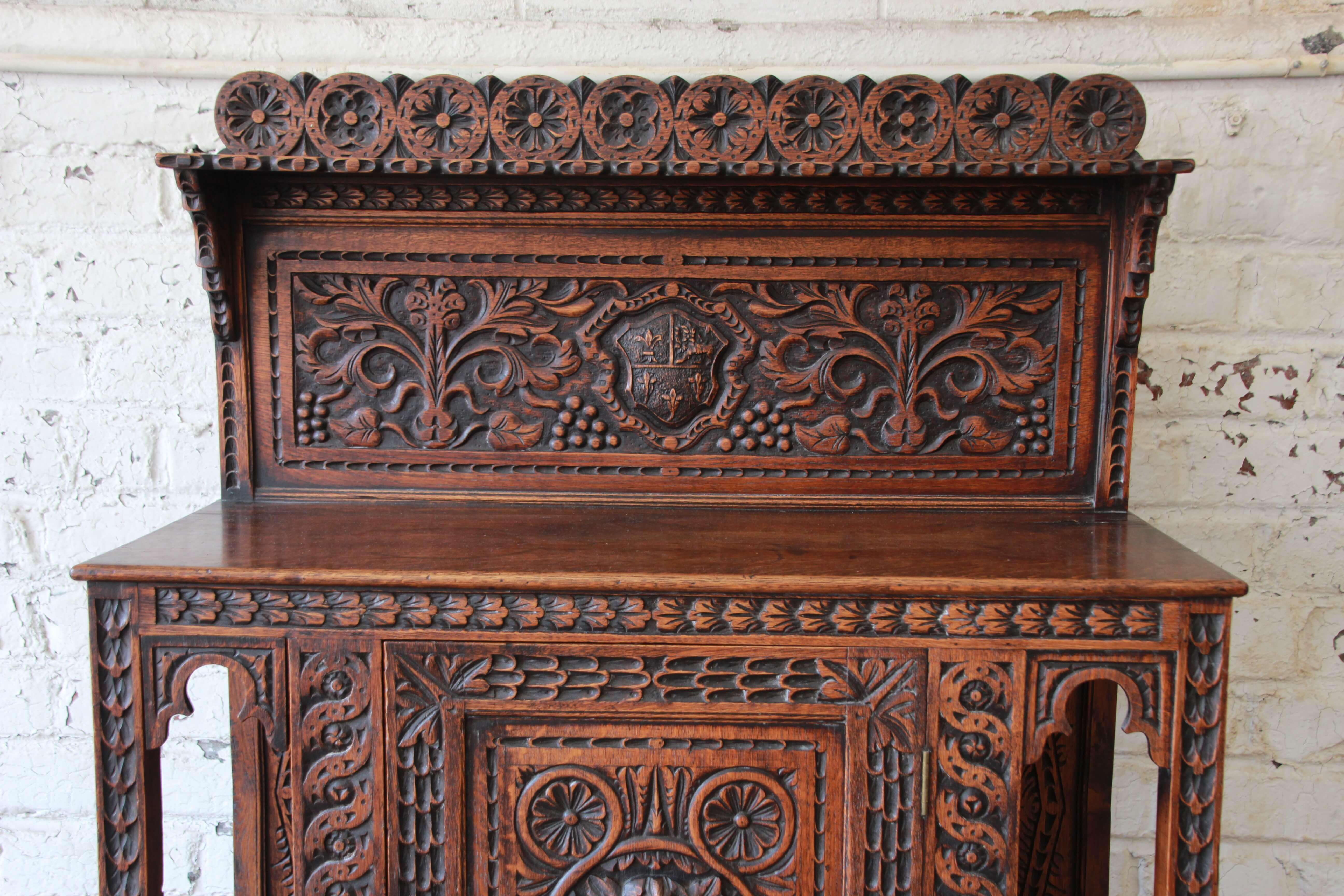 19th Century English Ornate Carved Oak Sideboard Bar Cabinet 1