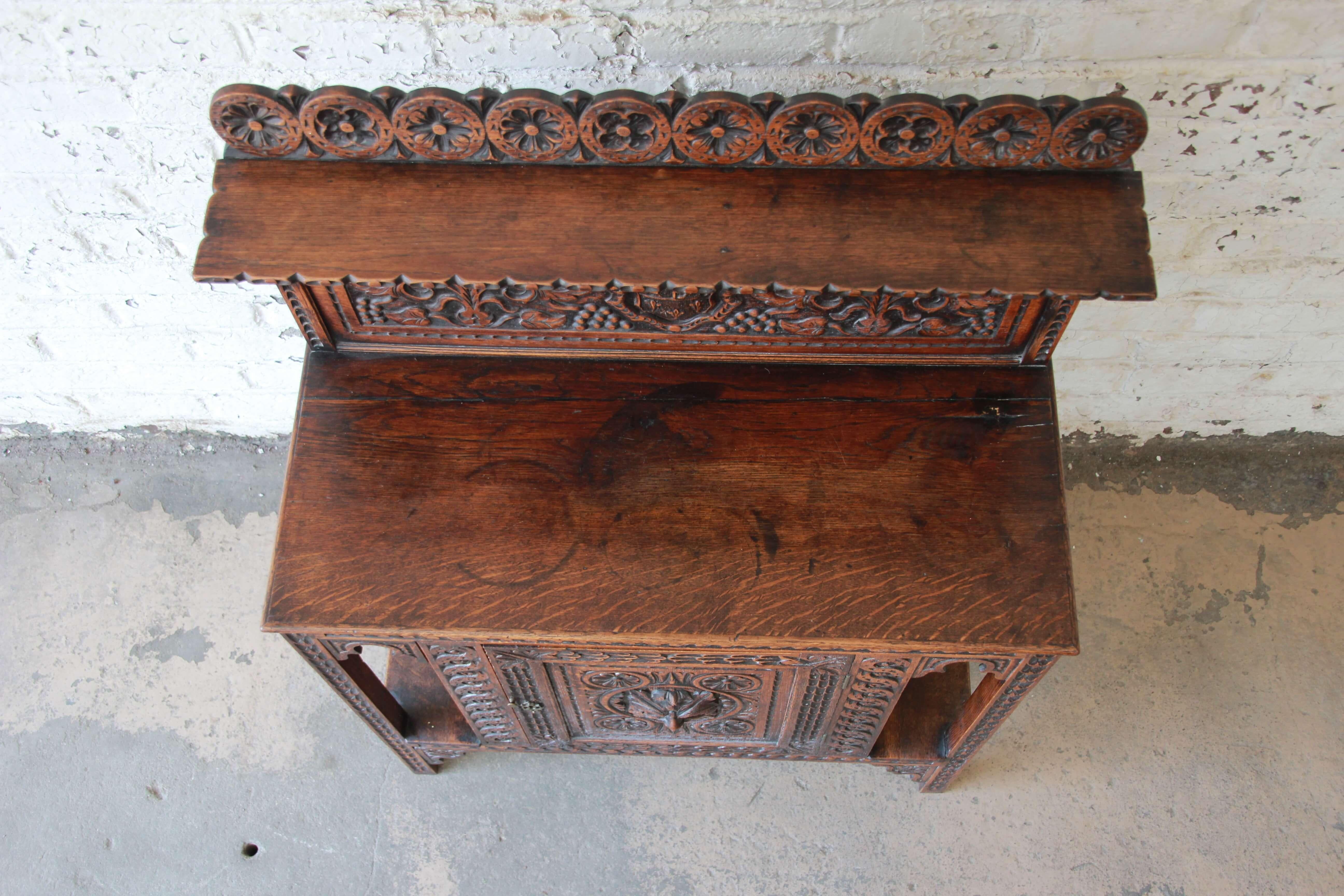19th Century English Ornate Carved Oak Sideboard Bar Cabinet 2